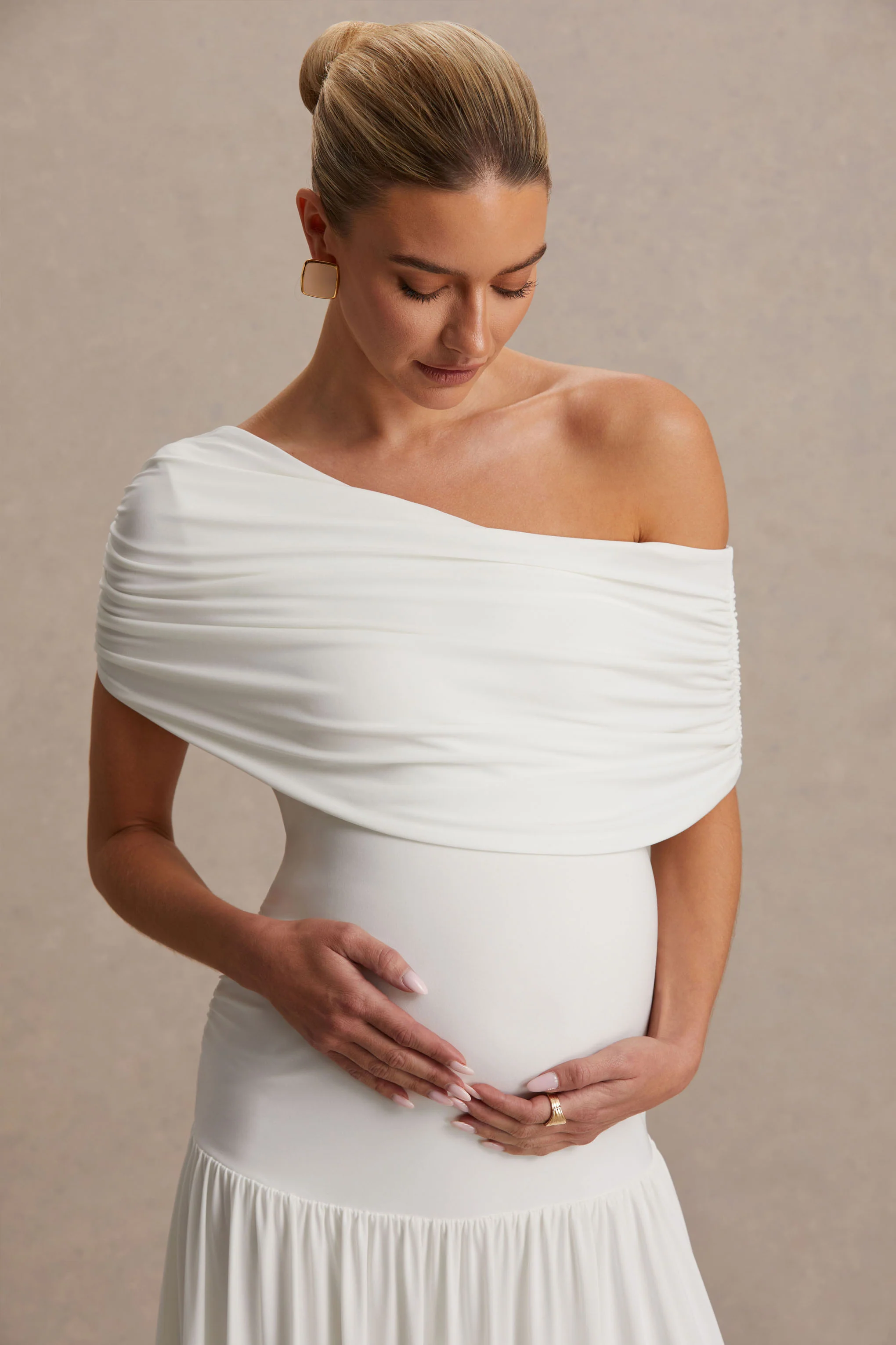 Noah | White Asymmetric-Neck Maternity Maxi Dress With Drop-Waist - Image 6