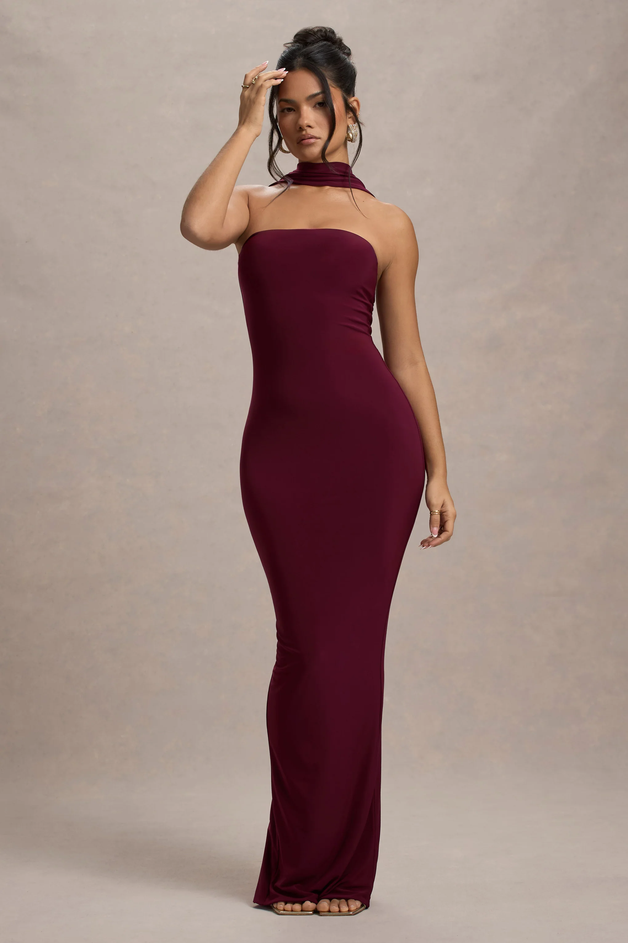 Nobu | Burgundy Bandeau Maxi Dress With Halter-Collar - Image 4