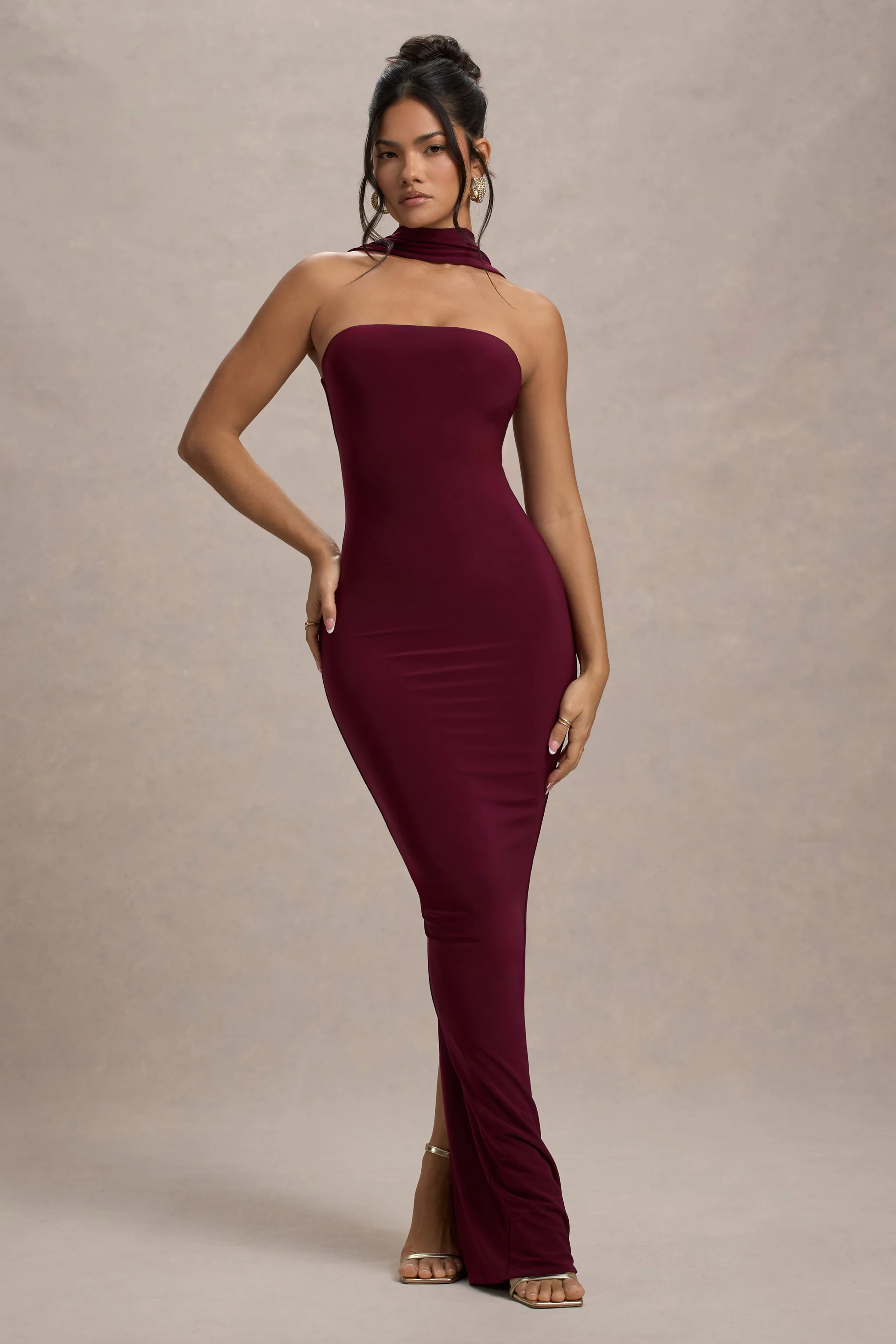 Nobu | Burgundy Bandeau Maxi Dress With Halter-Collar - Image 5
