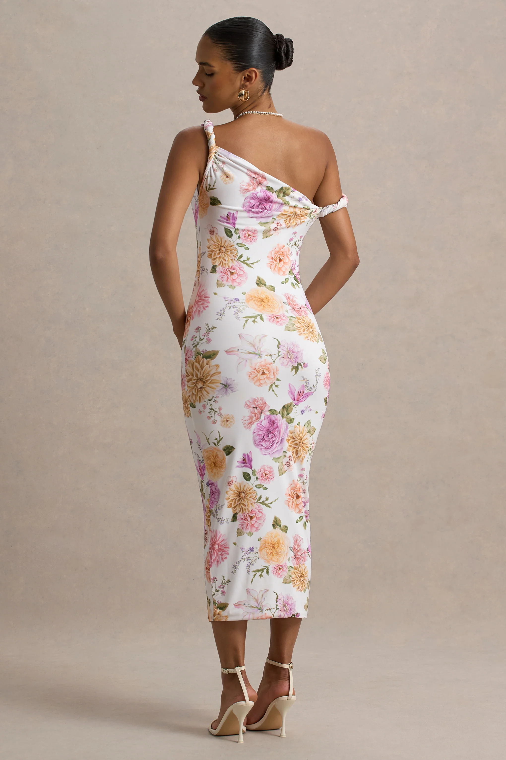 Nora | Peach And Lilac Floral Twisted Asymmetric Midi Dress - Image 2