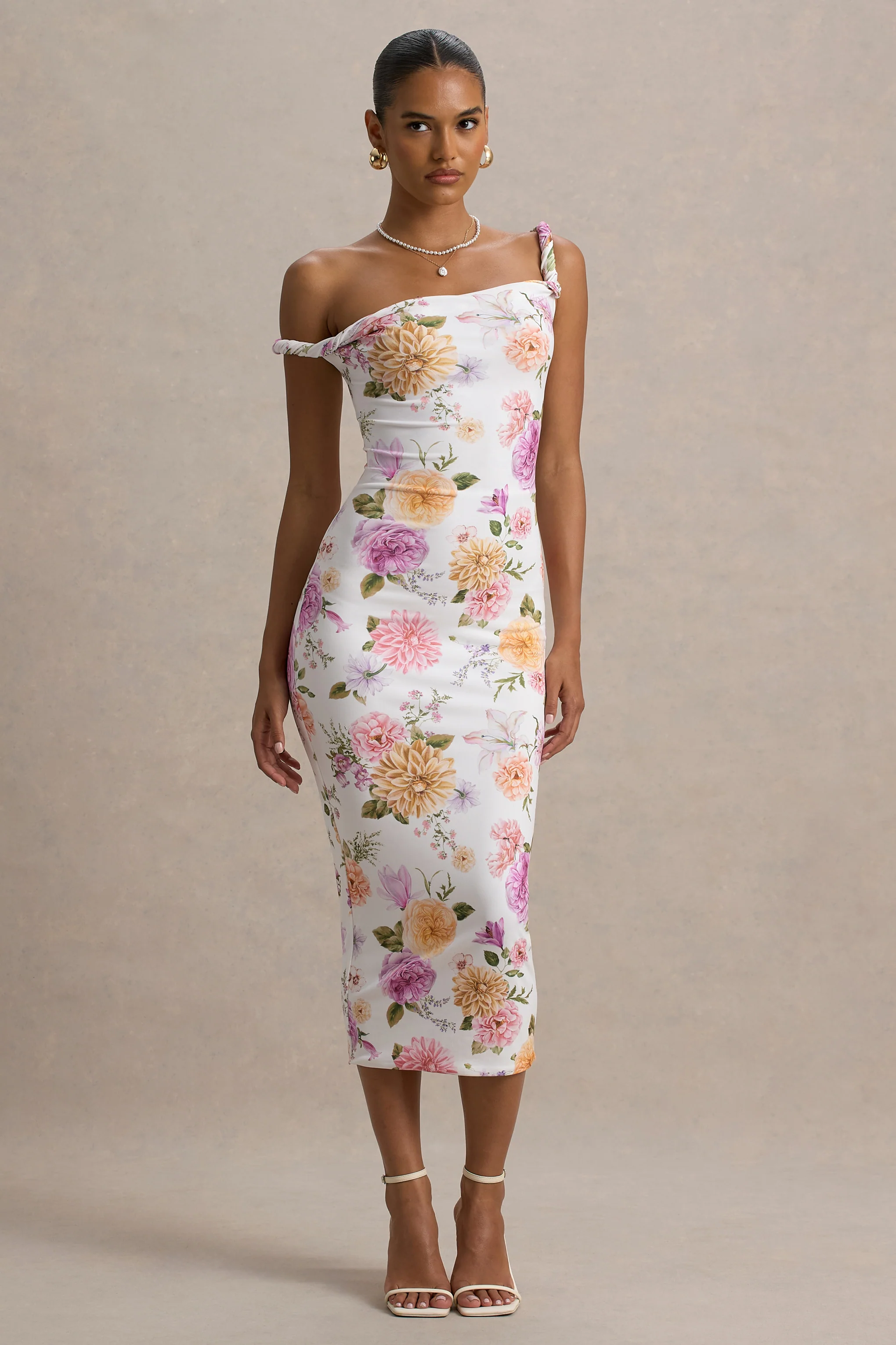 Nora | Peach And Lilac Floral Twisted Asymmetric Midi Dress - Image 4