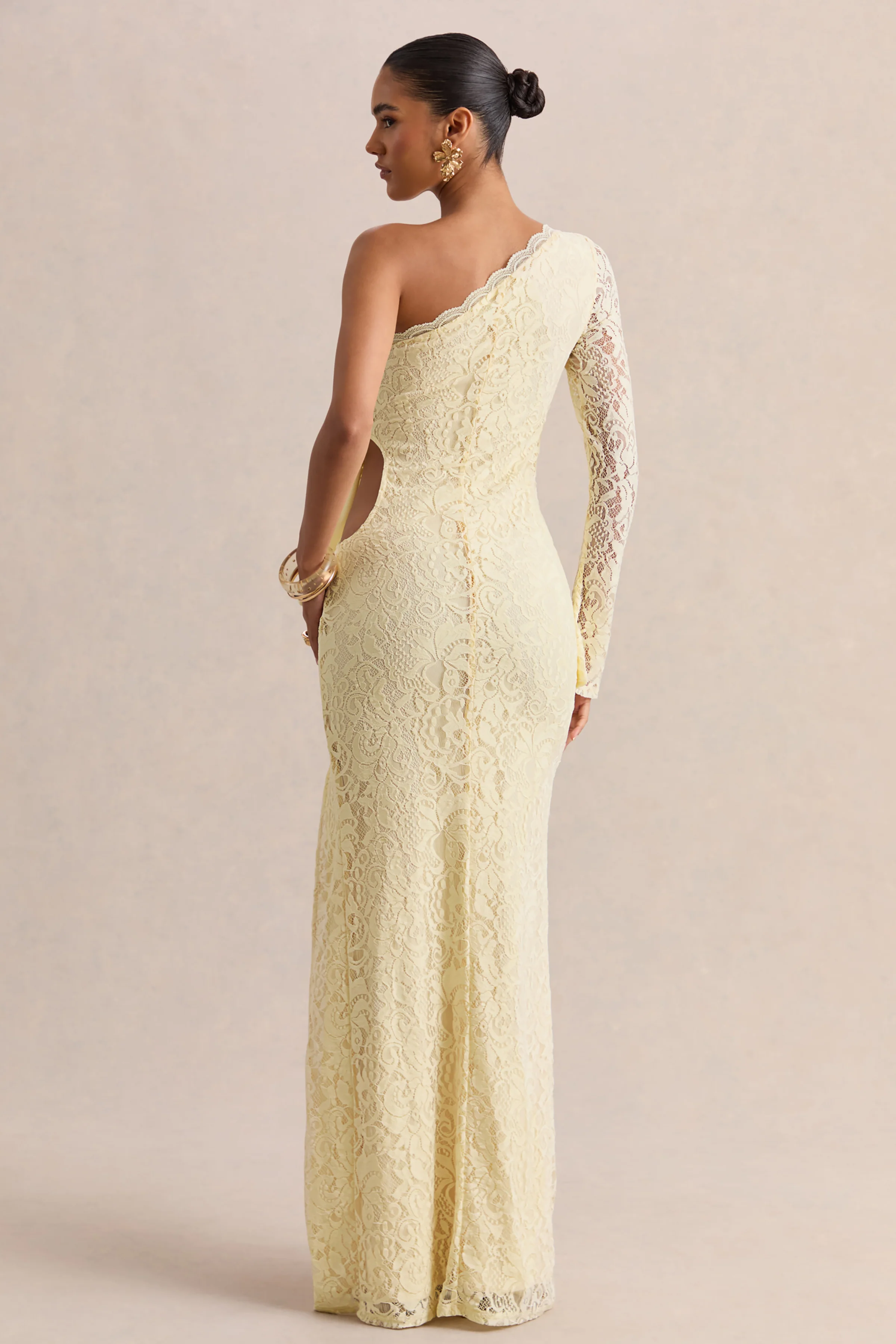Norna | Lemon Lace Asymmetric-Neck Maxi Dress With Cut-Out And Bow Details - Image 2