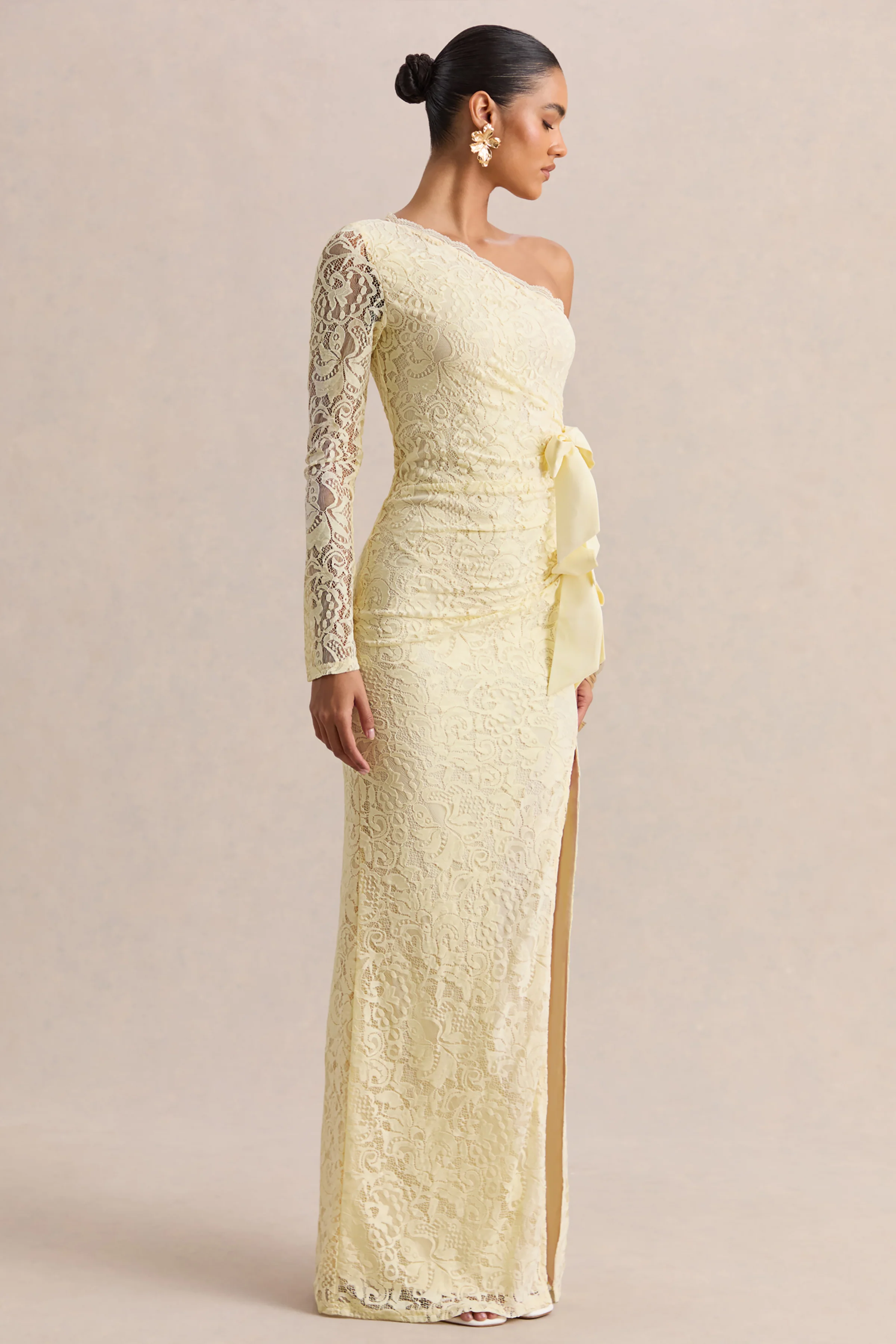 Norna | Lemon Lace Asymmetric-Neck Maxi Dress With Cut-Out And Bow Details - Image 6