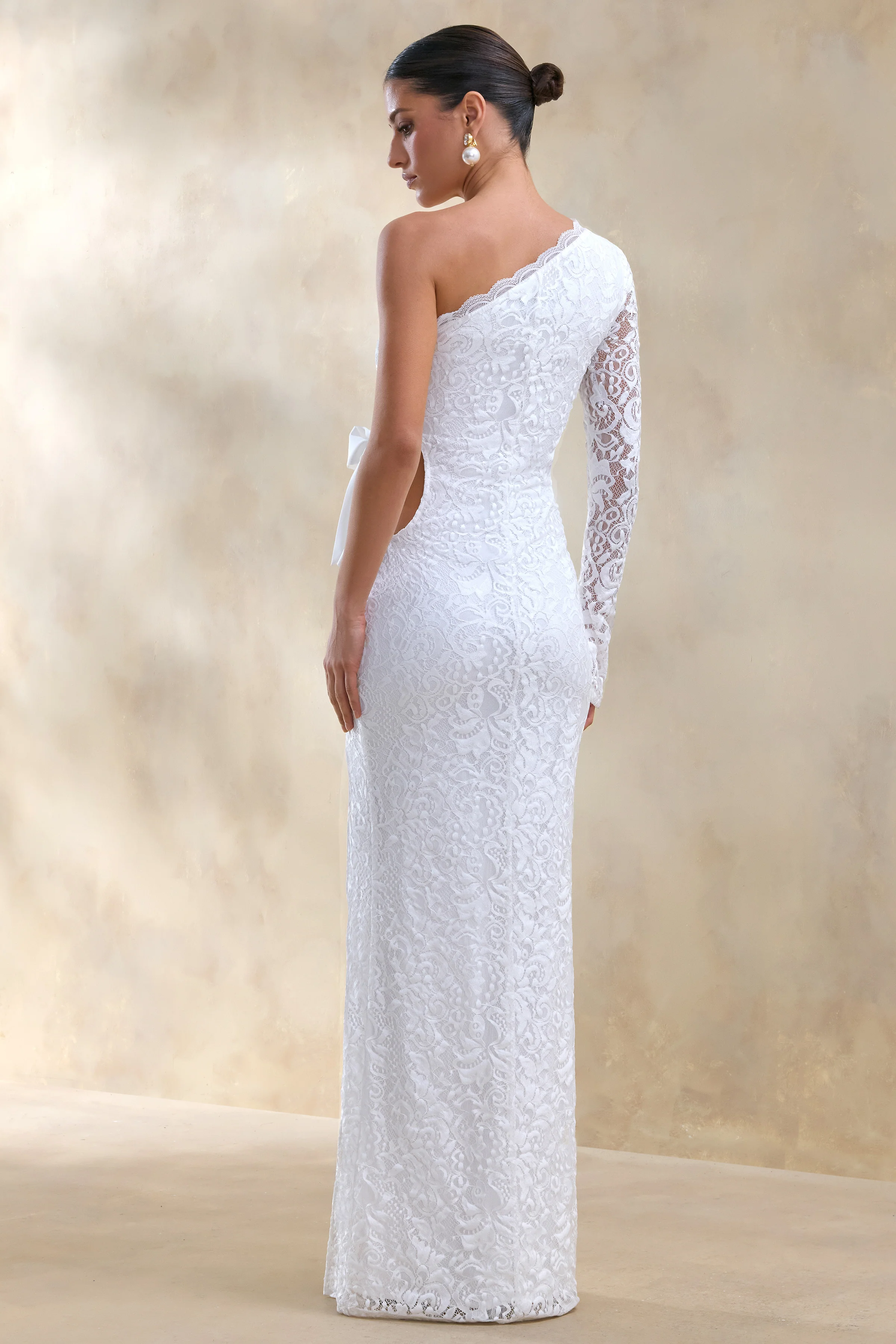 Norna | White Lace Asymmetric-Neck Maxi Dress With Cut-Out And Bow Details - Image 2