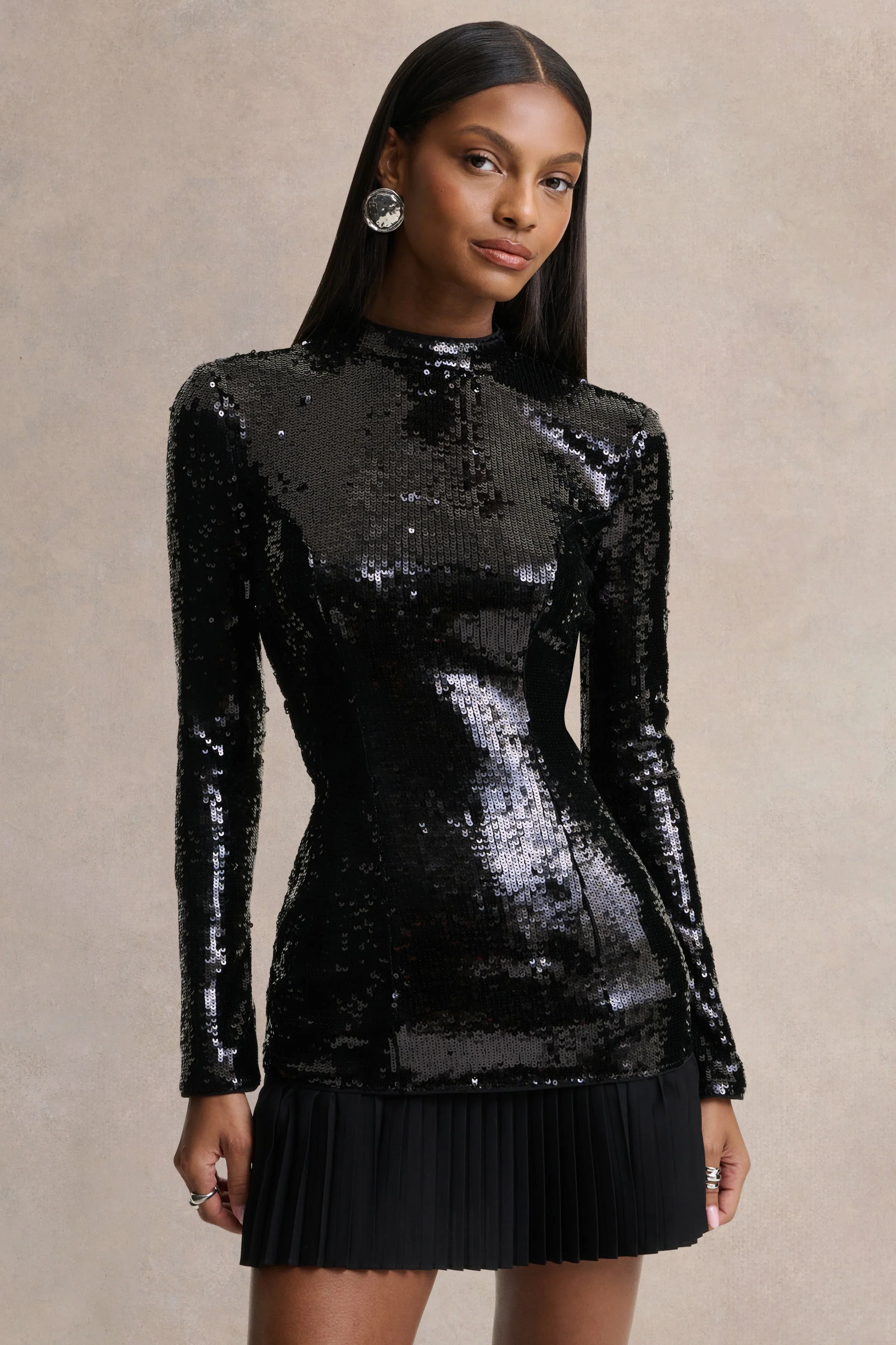 North | Black Sequin High-Neck Mini Dress With Pleats - Image 3