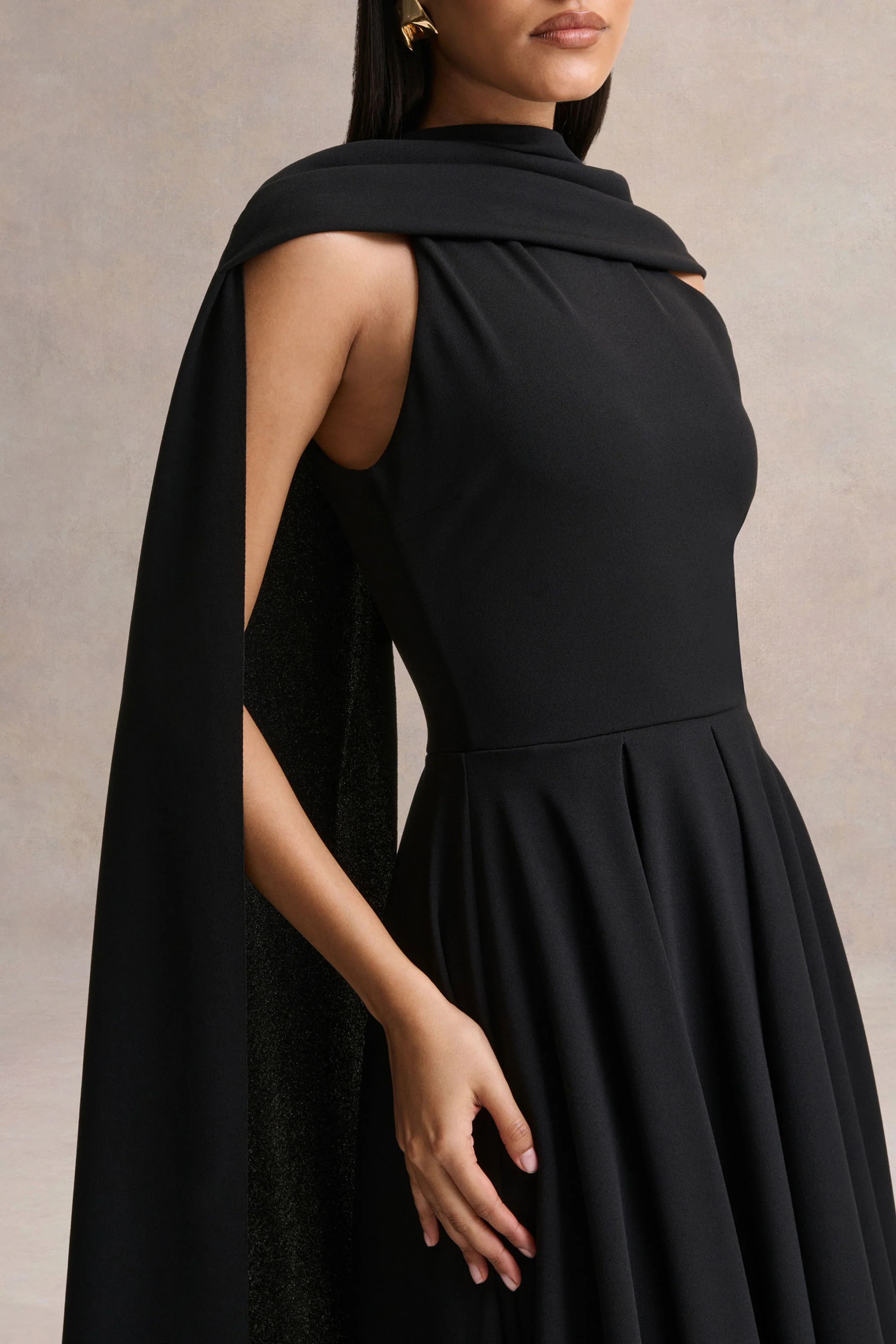 Nova | Black High-Neck Midi Dress With Cape-Sleeves - Image 3