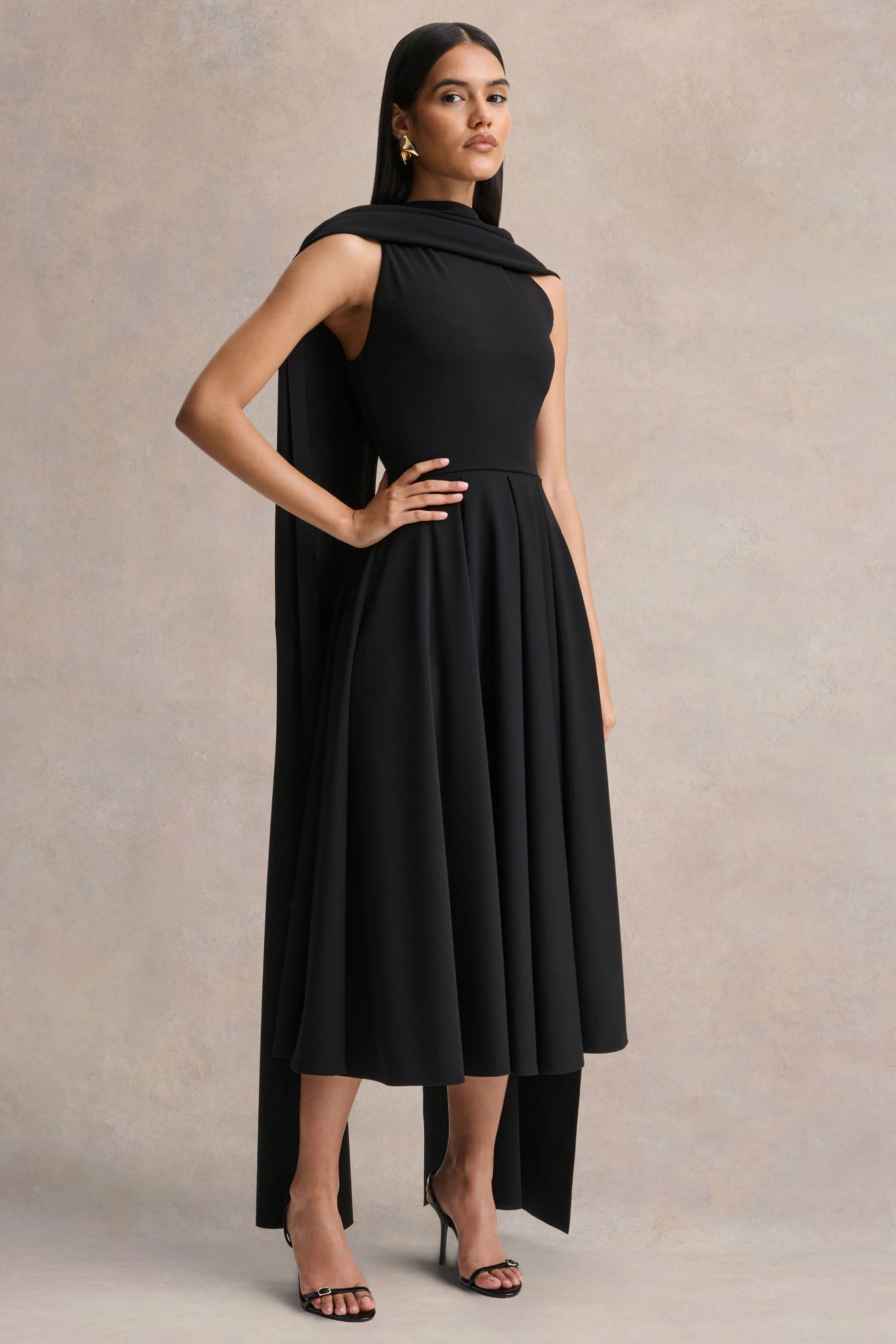 Nova | Black High-Neck Midi Dress With Cape-Sleeves - Image 5