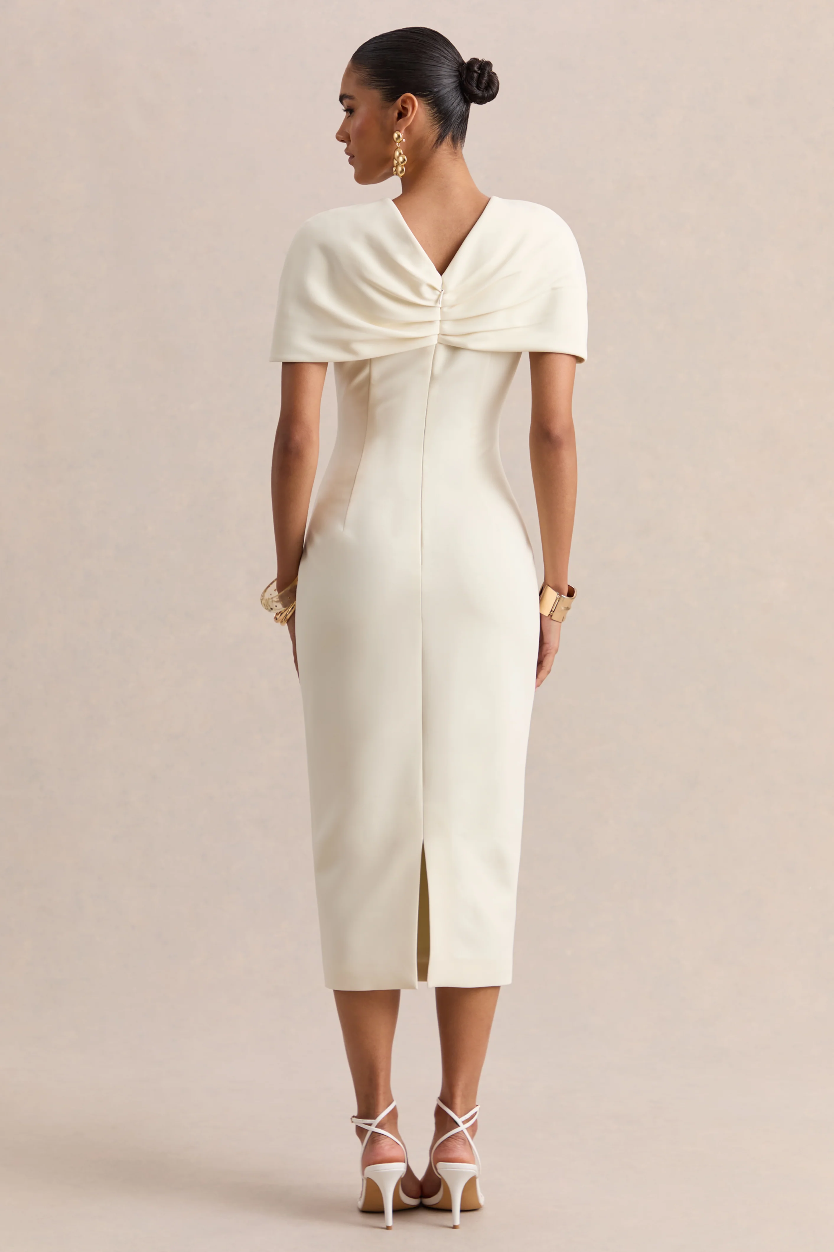 Novalie | Cream V-Neck Midi Dress With Twist-Detail - Image 2