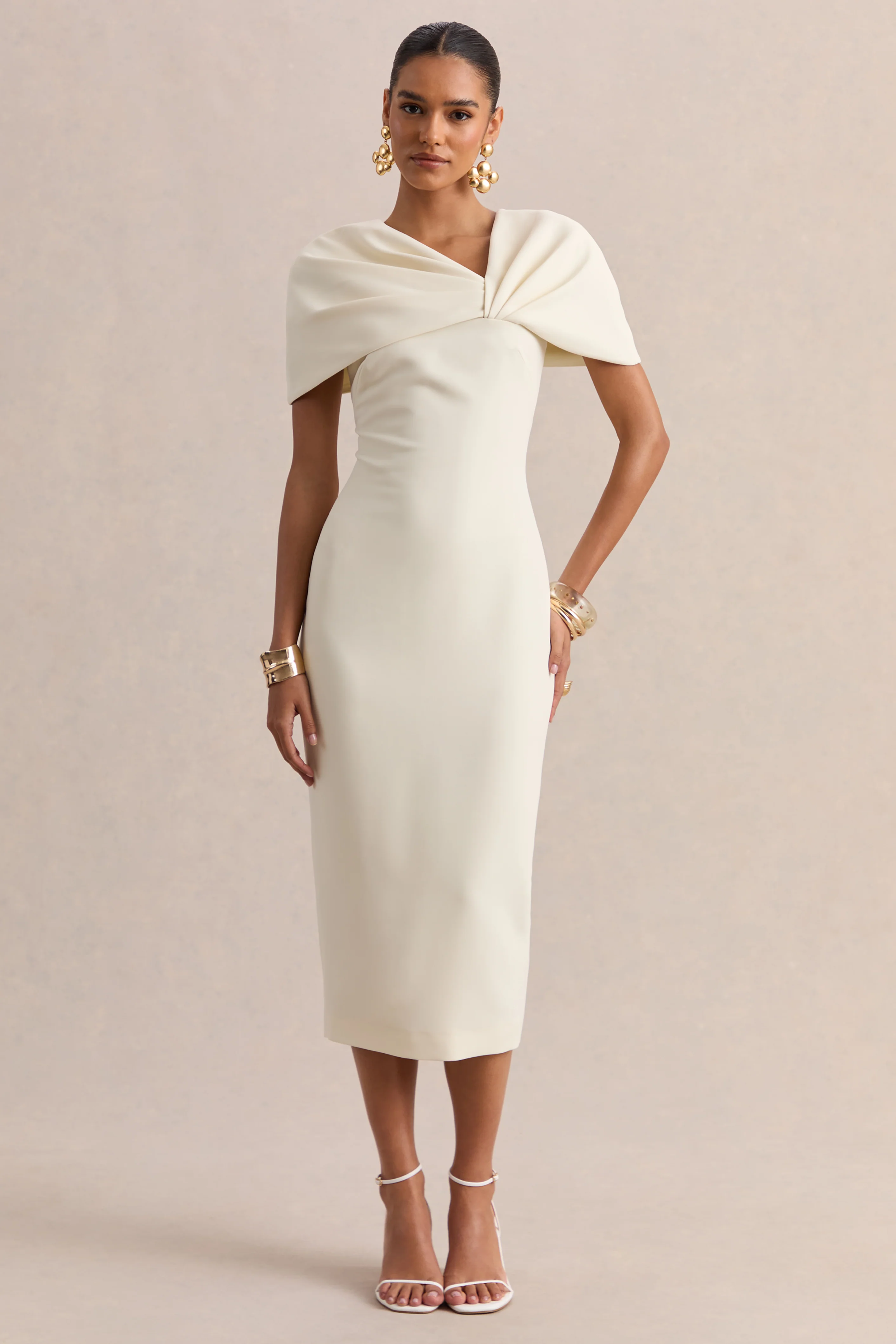 Novalie | Cream V-Neck Midi Dress With Twist-Detail - Image 4