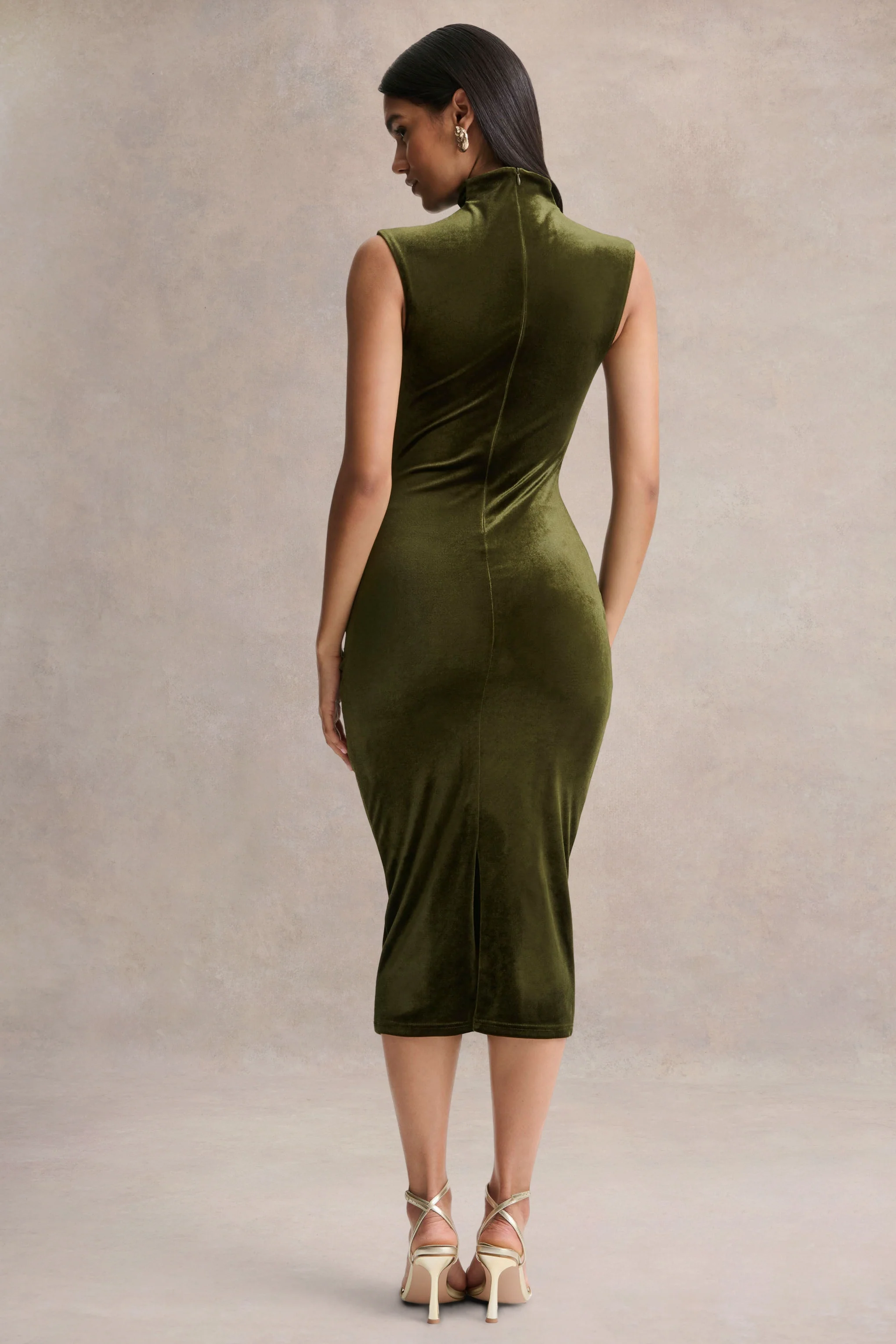 Novine | Olive Velvet High-Neck Midi Dress - Image 2