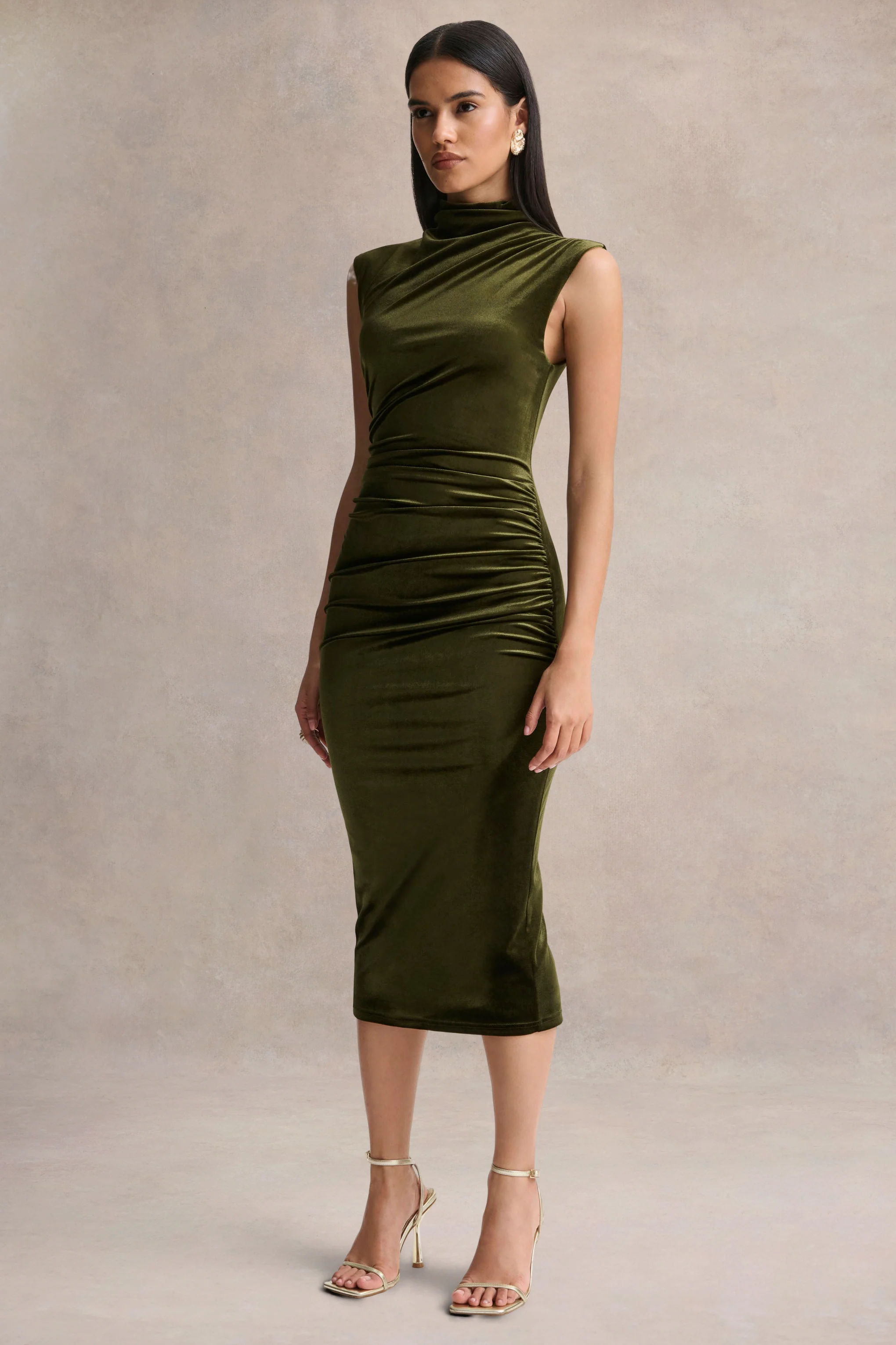 Novine | Olive Velvet High-Neck Midi Dress - Image 4