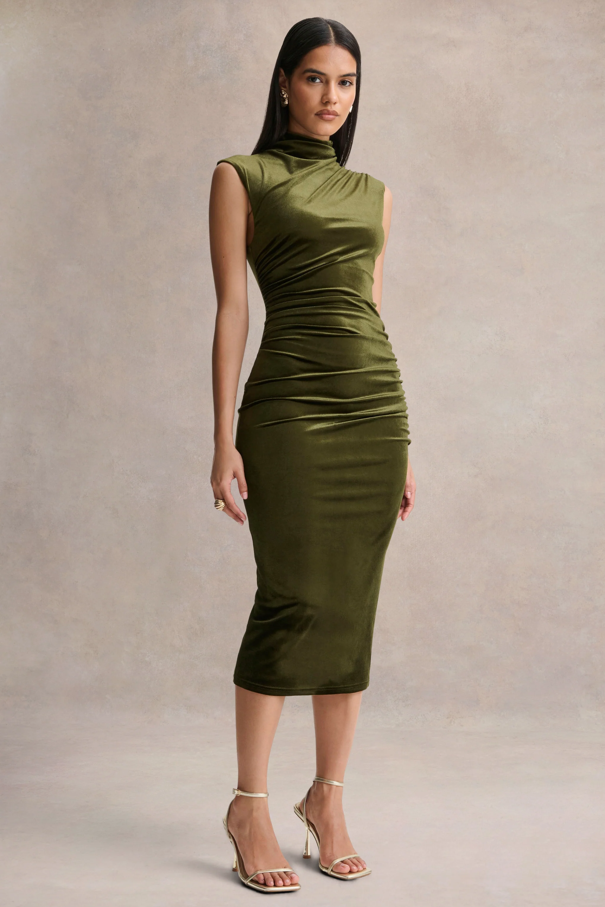 Novine | Olive Velvet High-Neck Midi Dress - Image 5