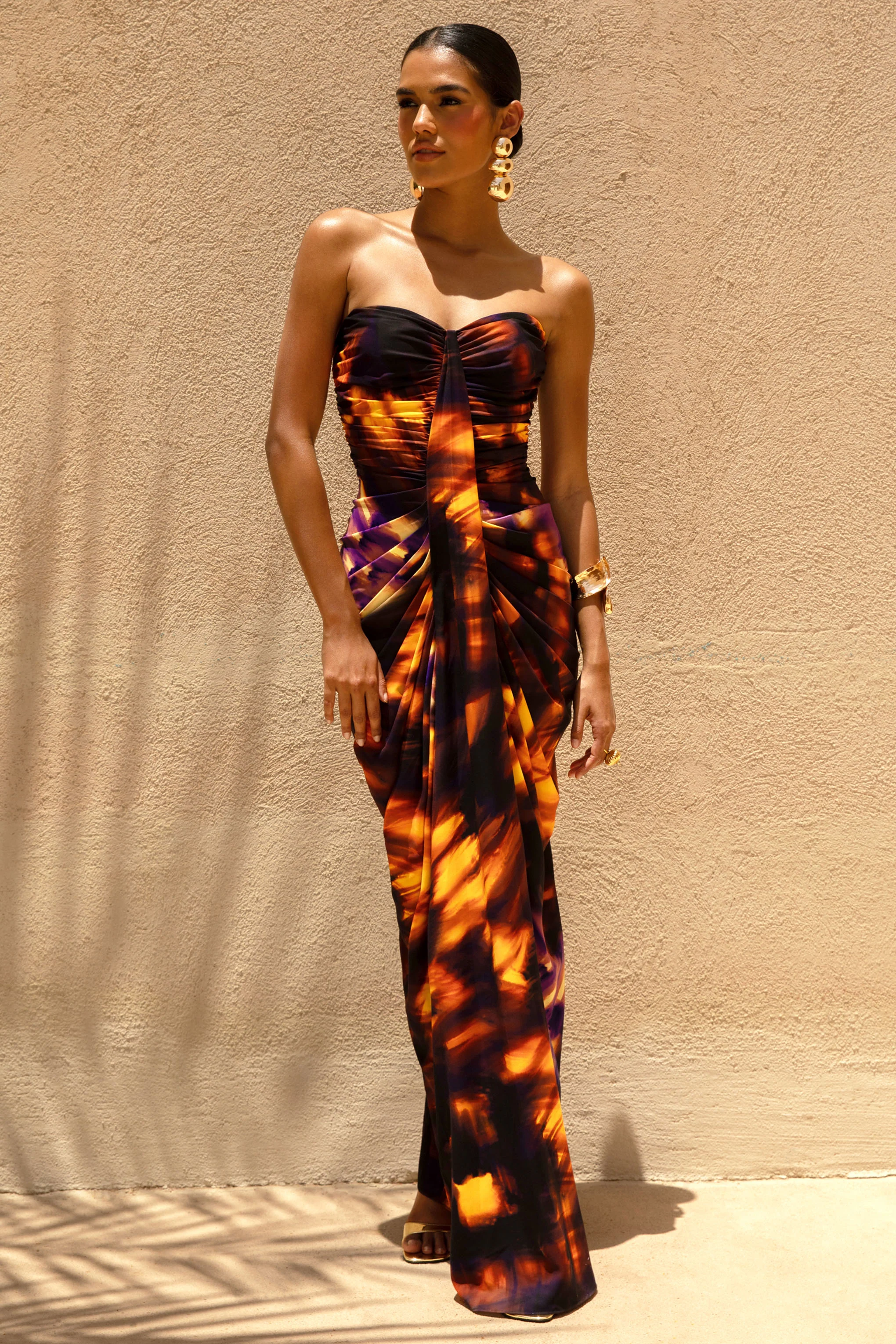 Nyra | Smoke Print Sweetheart Ruched Maxi Dress - Image 4
