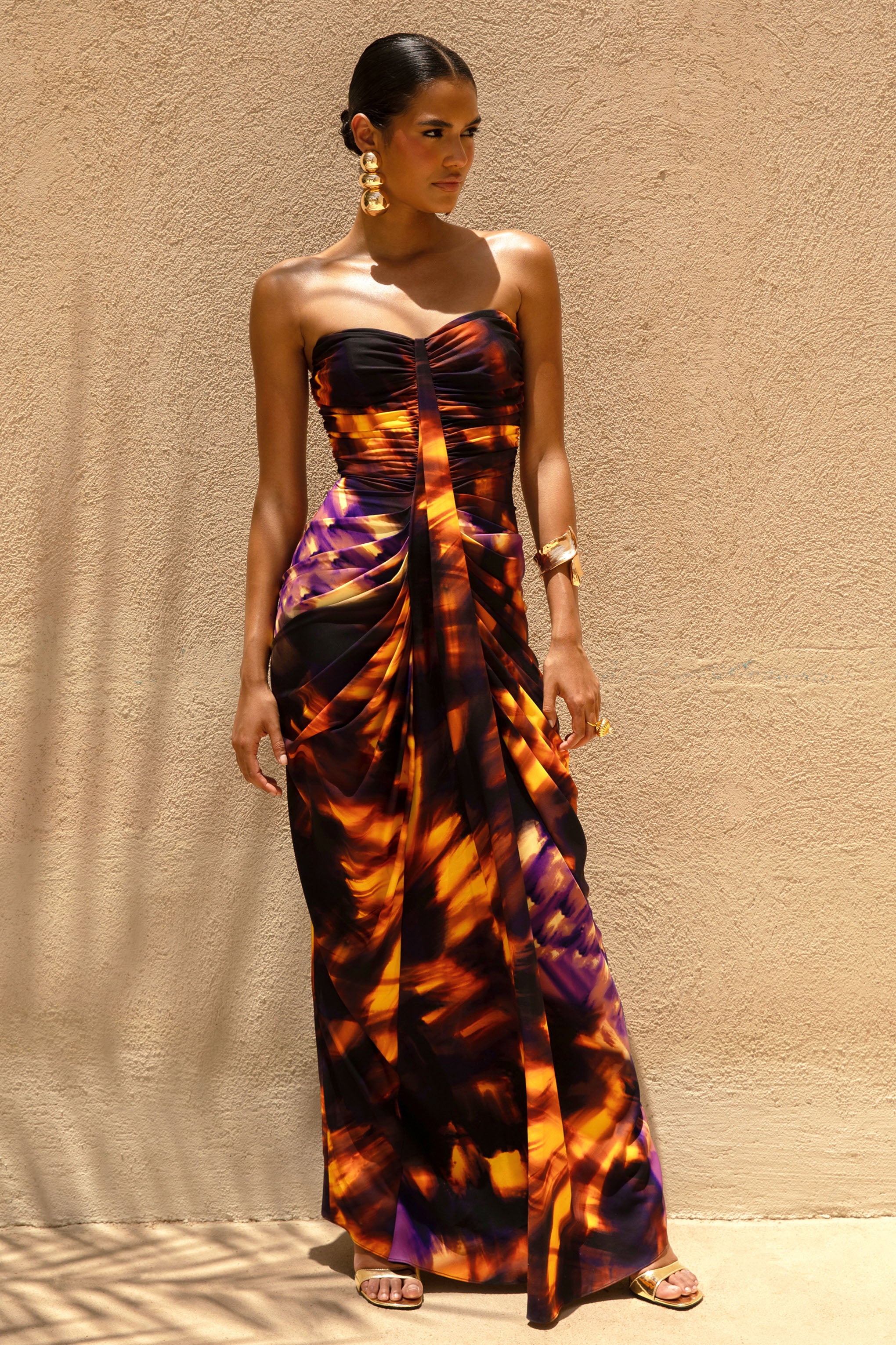 Nyra | Smoke Print Sweetheart Ruched Maxi Dress - Image 5