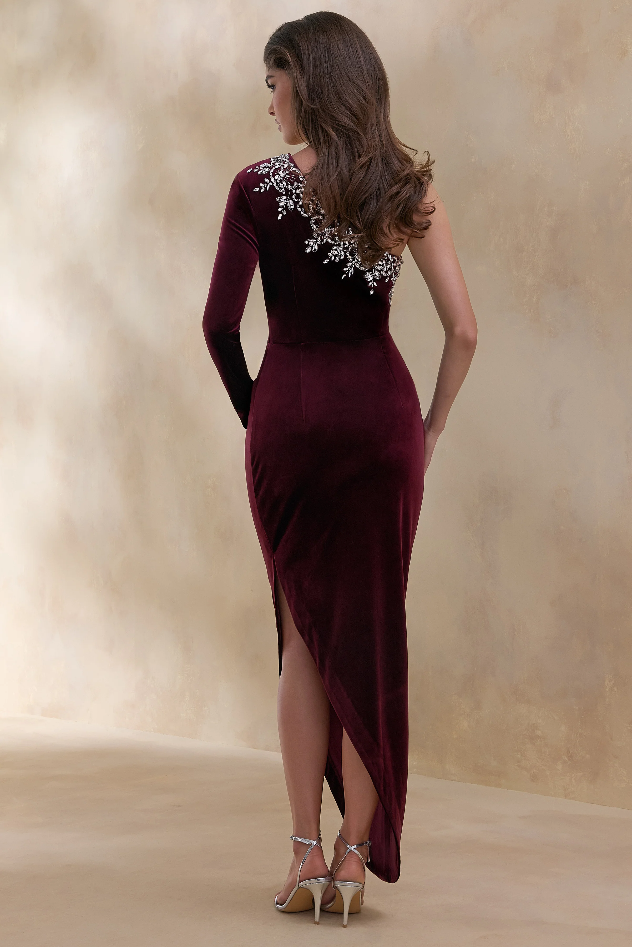 Nyssa | Burgundy Embellished Asymmetric-Neck Maxi Dress - Image 2