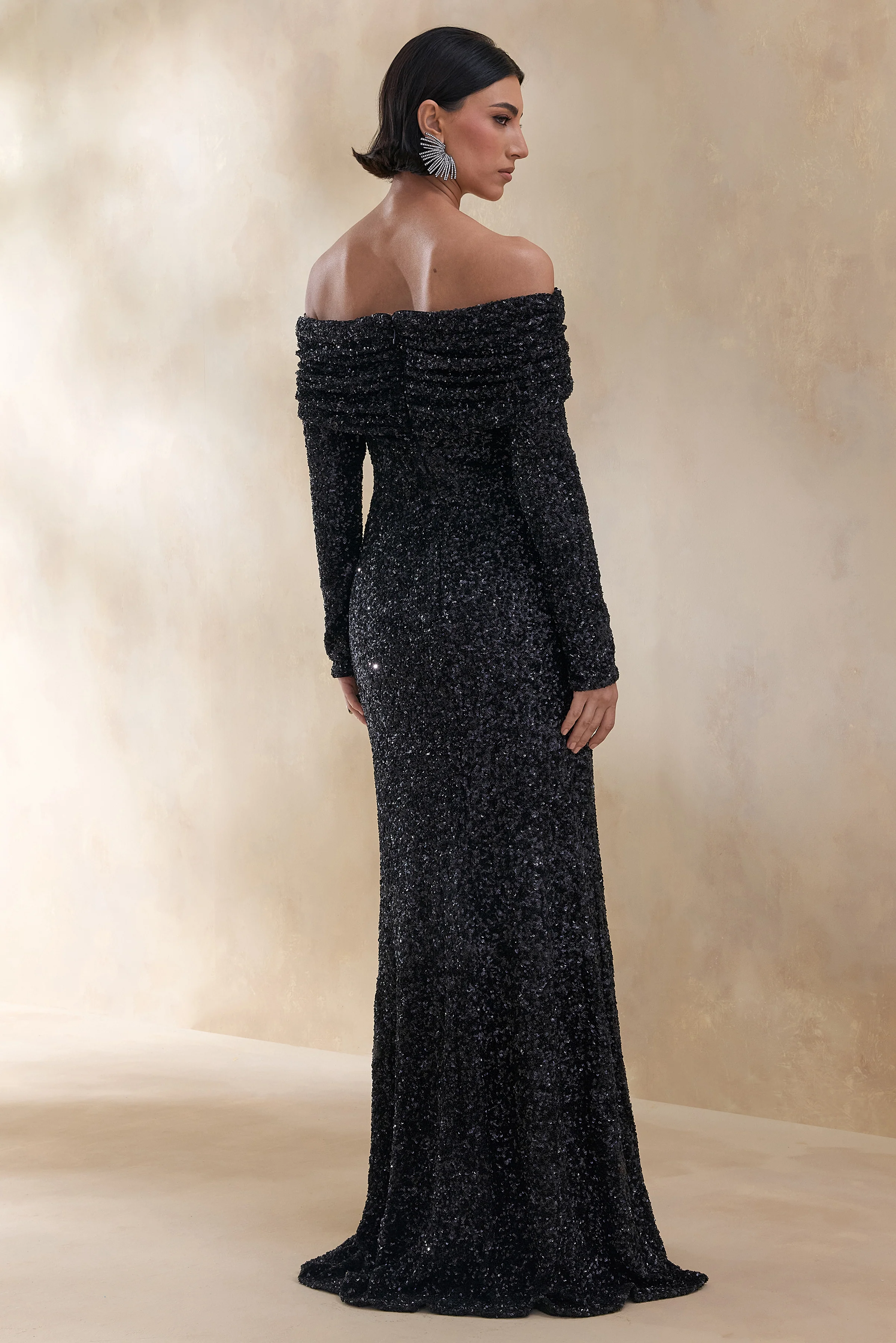 Obsession | Black Sequin Bardot-Neck Maxi Dress With Long Sleeves - Image 2