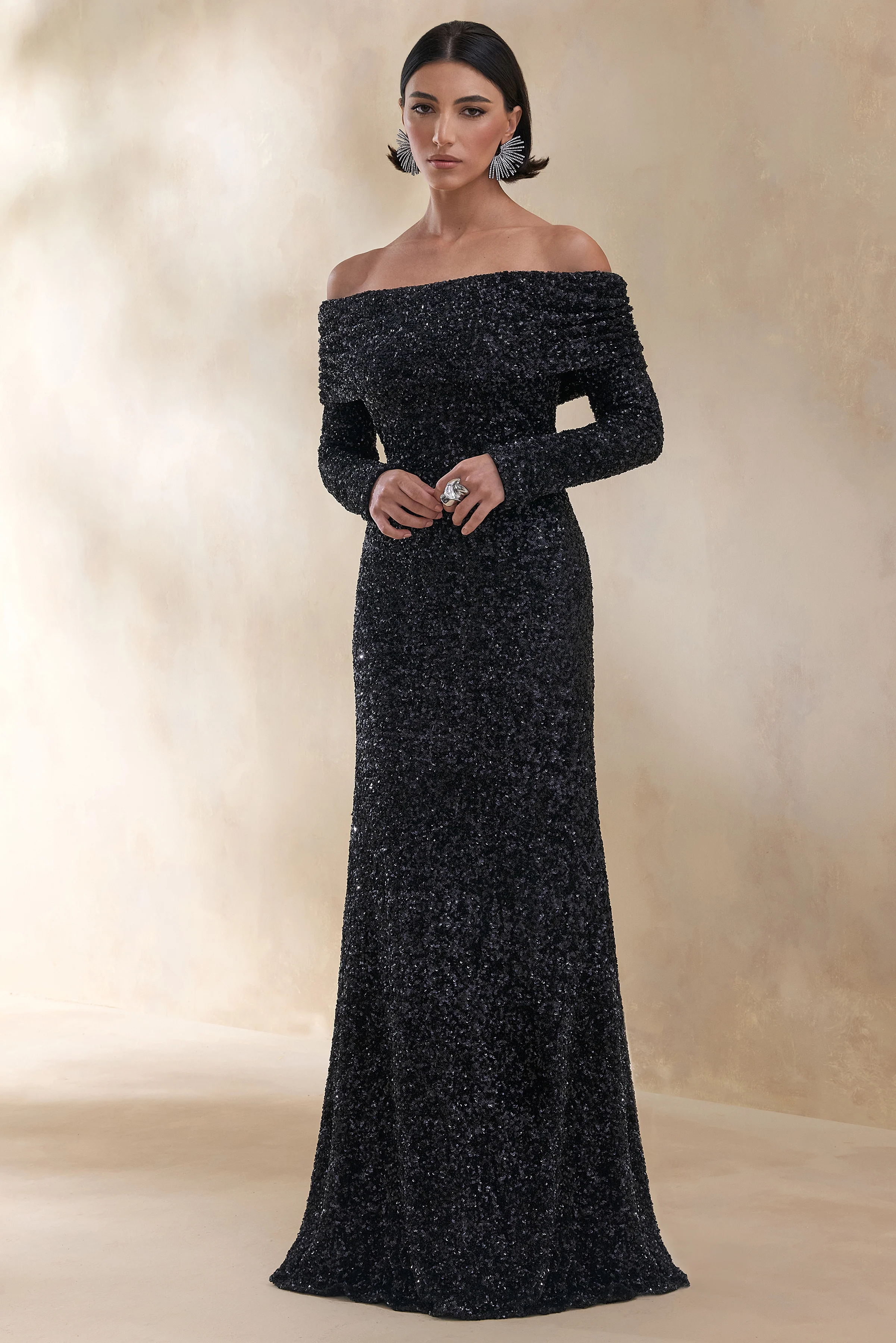 Obsession | Black Sequin Bardot-Neck Maxi Dress With Long Sleeves - Image 4