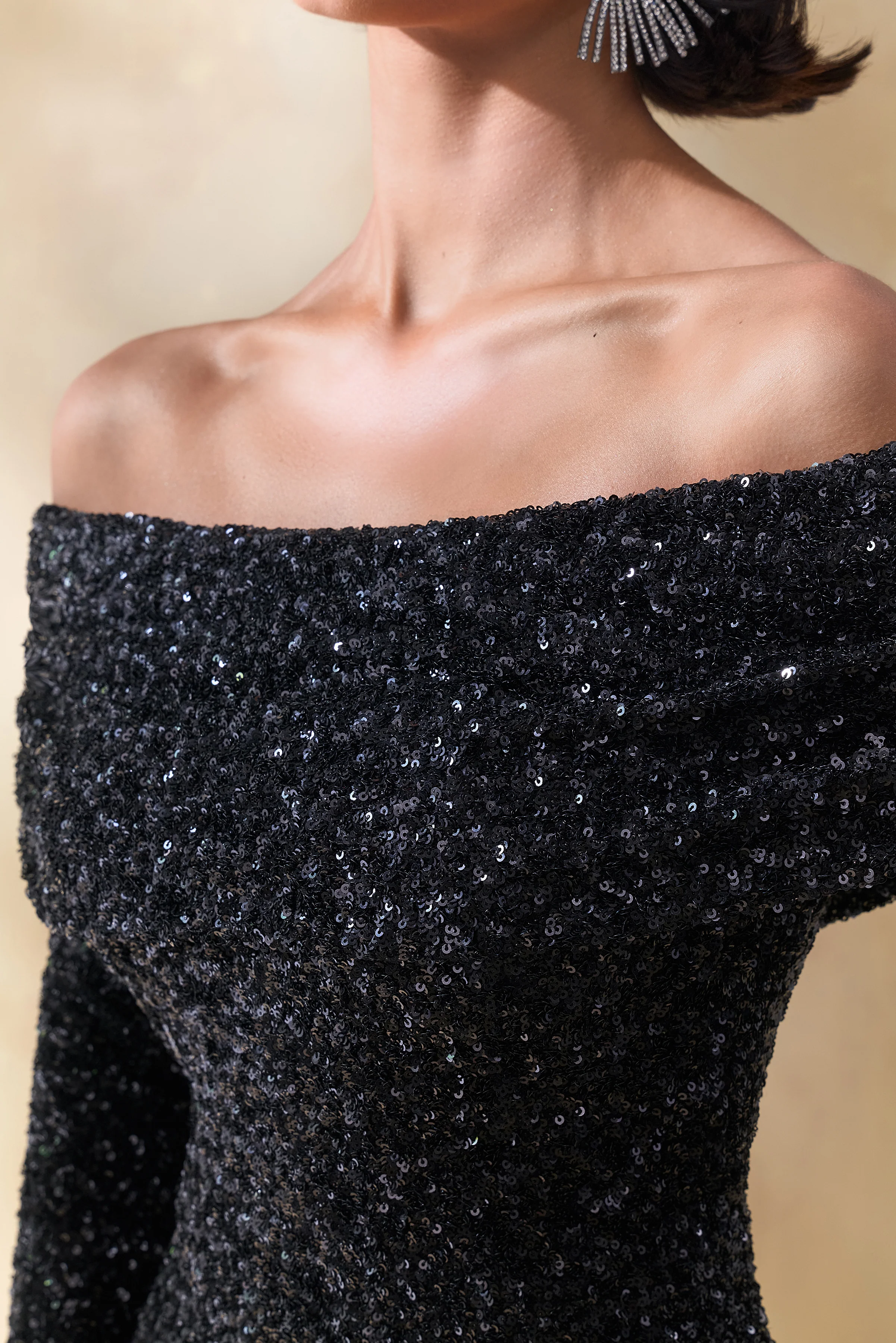 Obsession | Black Sequin Bardot-Neck Maxi Dress With Long Sleeves - Image 6