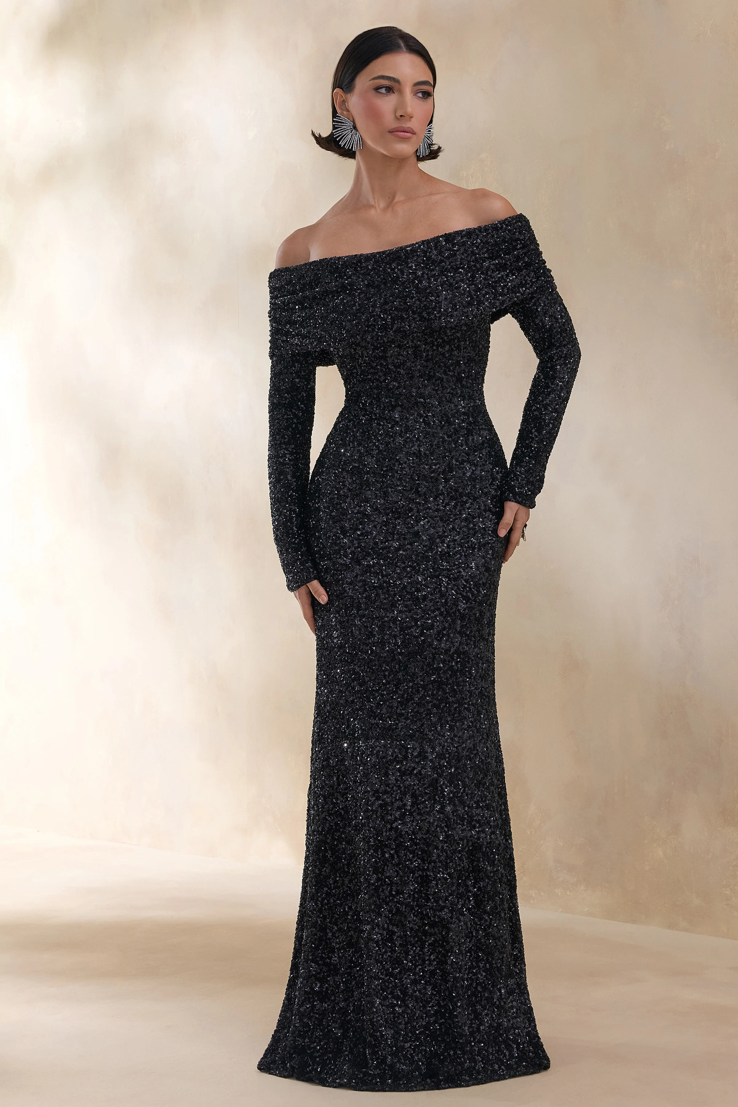 Obsession | Black Sequin Bardot-Neck Maxi Dress With Long Sleeves - Image 7