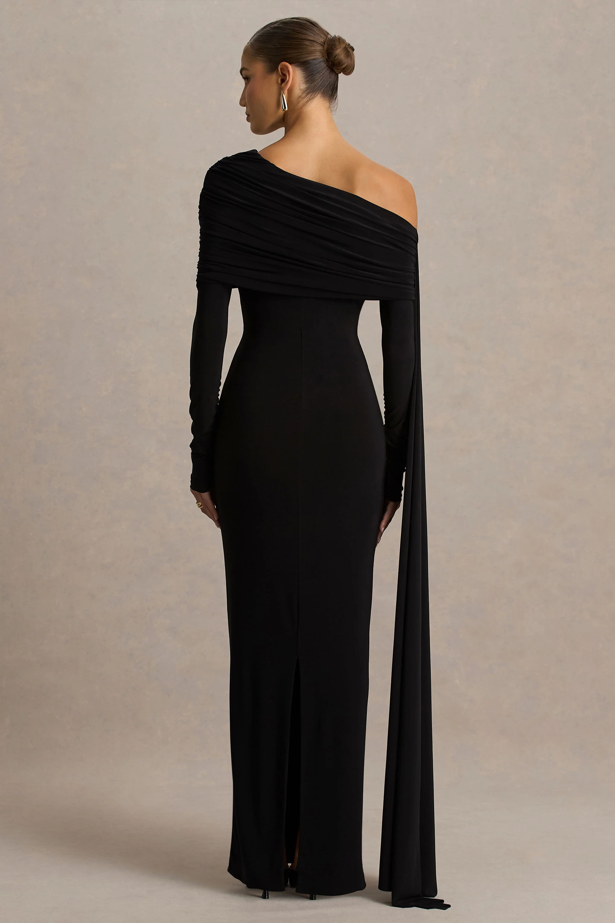 Octavia | Black Bardot-Neck Maxi Dress With Cape And Ruched Detailing - Image 2