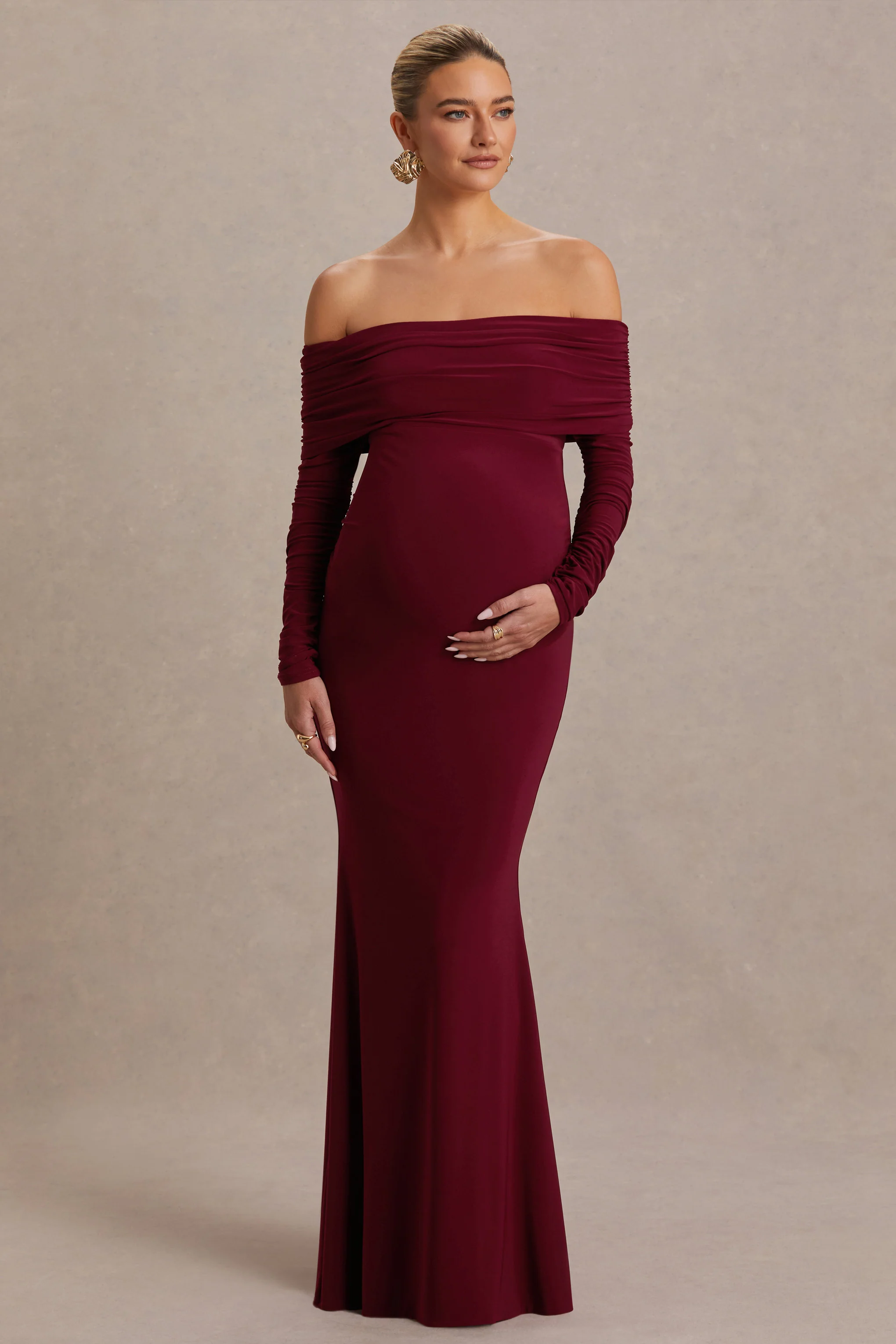 Odessa | Berry Bardot-Neck Maternity Maxi Dress - Image 4