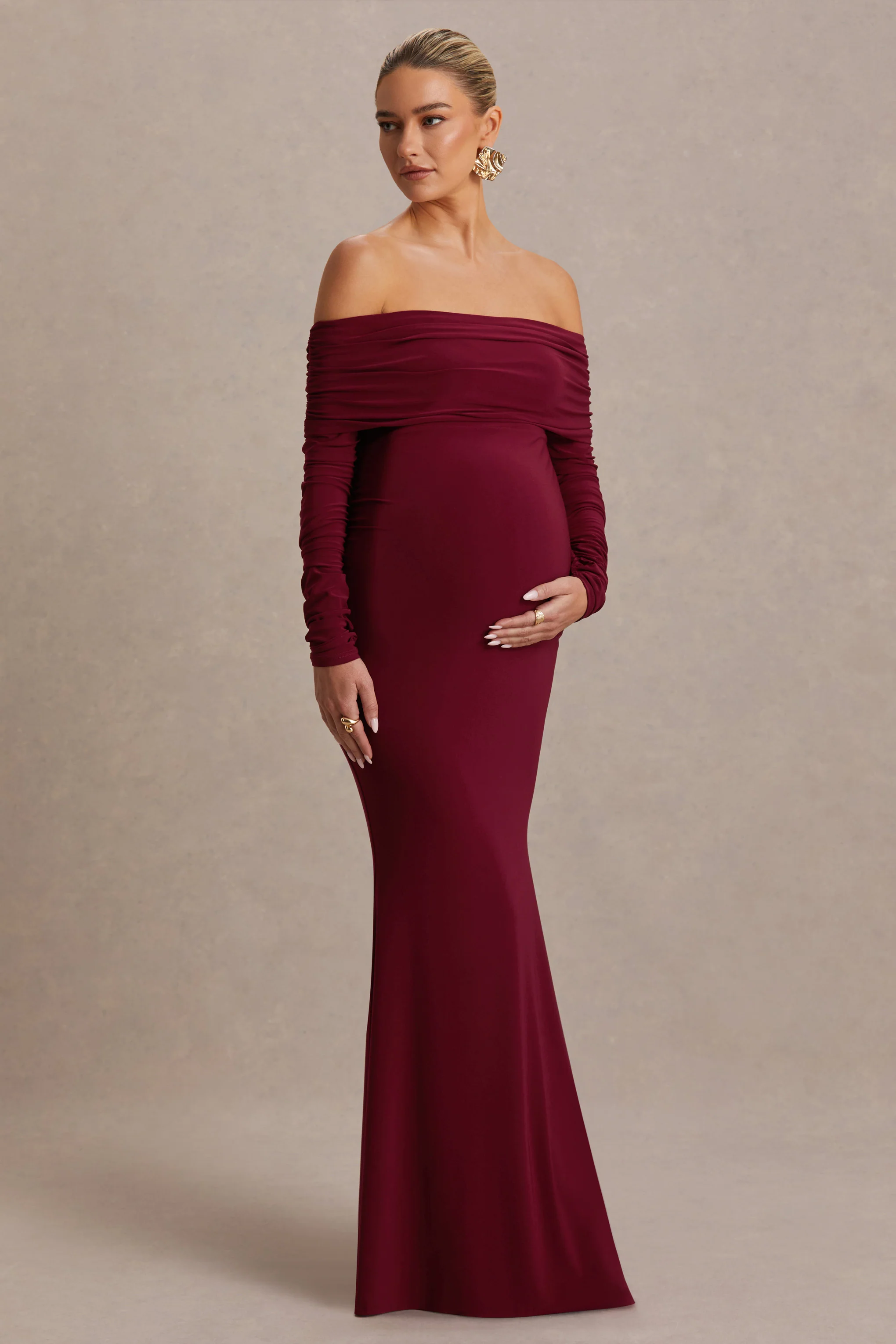 Odessa | Berry Bardot-Neck Maternity Maxi Dress - Image 5