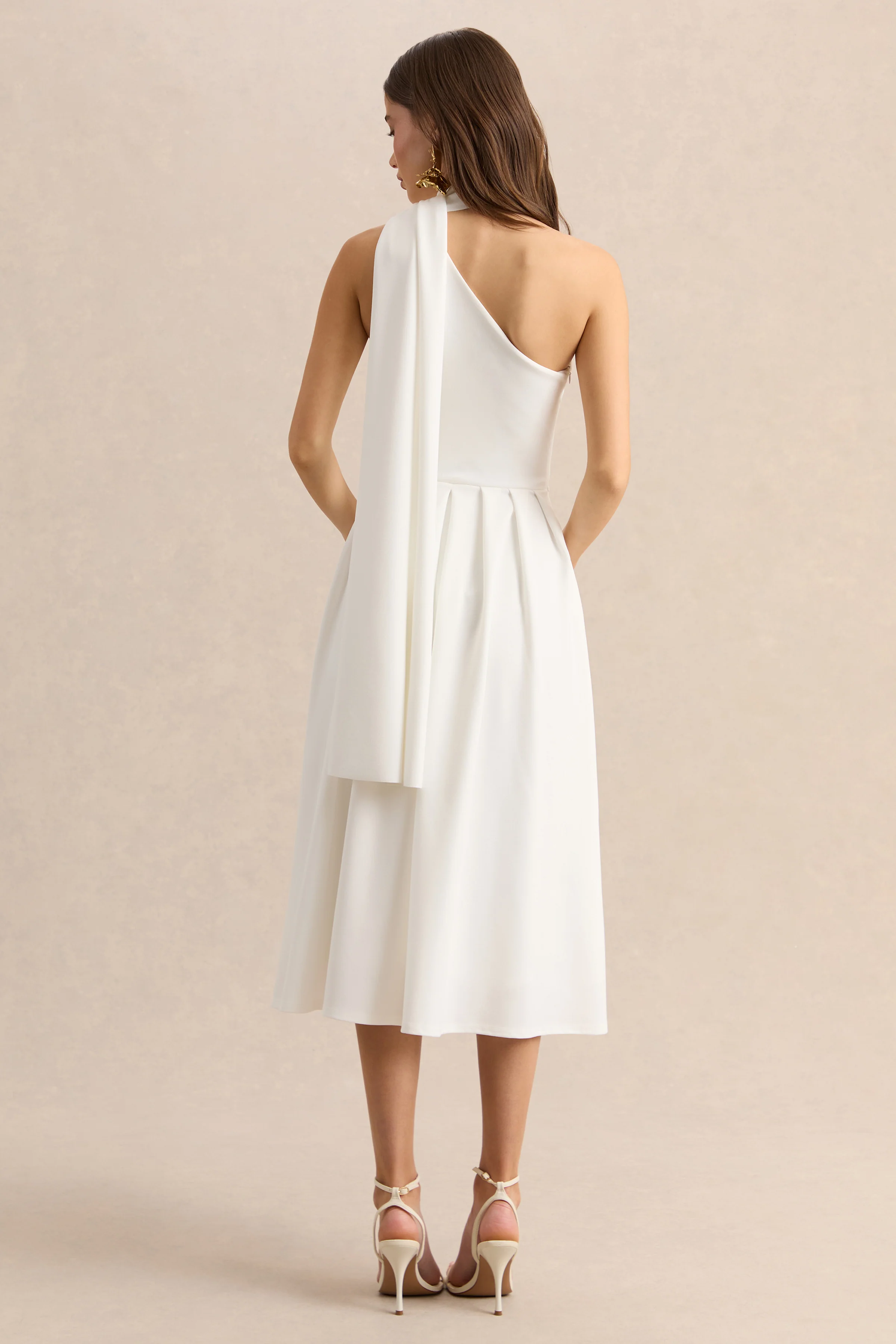 Odette | White Asymmetric-Neck Midi Dress With Scarf - Image 2