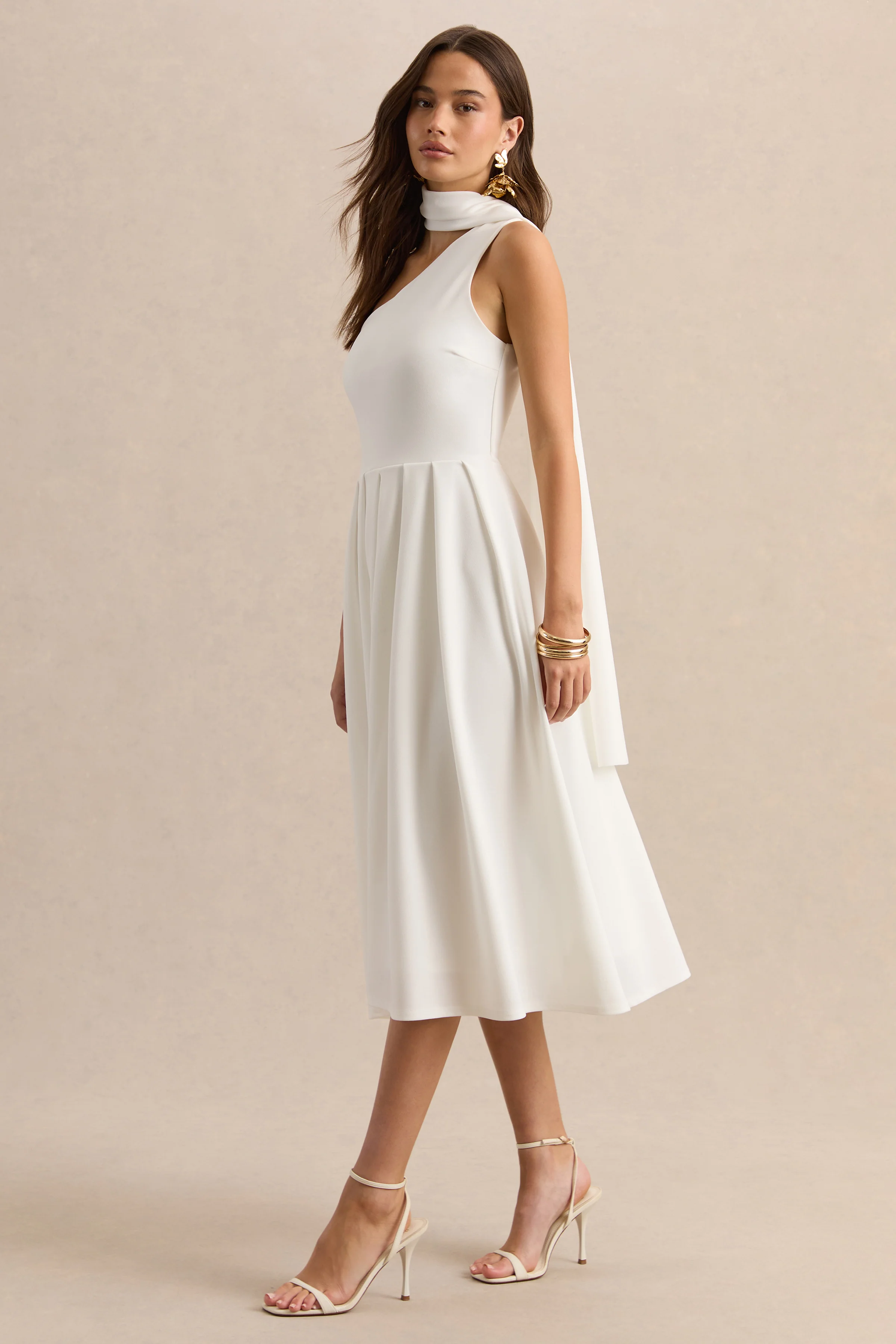 Odette | White Asymmetric-Neck Midi Dress With Scarf - Image 4
