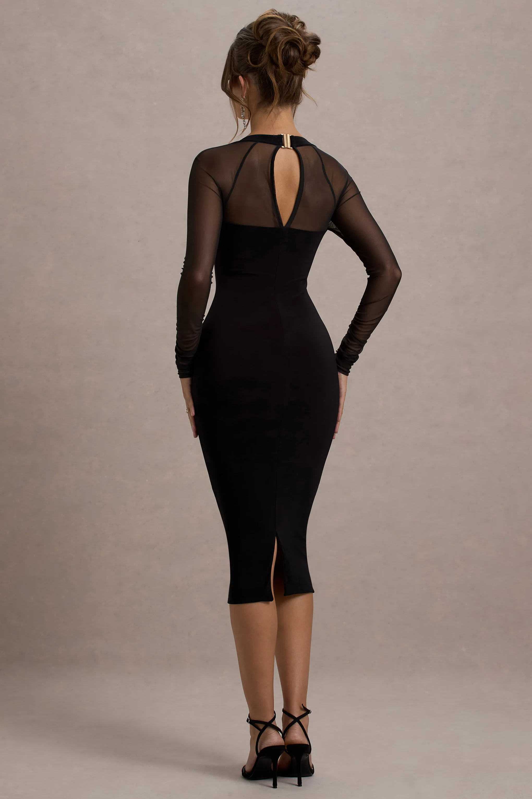 Off Track | Black Bodycon Midi Dress With Sheer Sleeves - Image 2