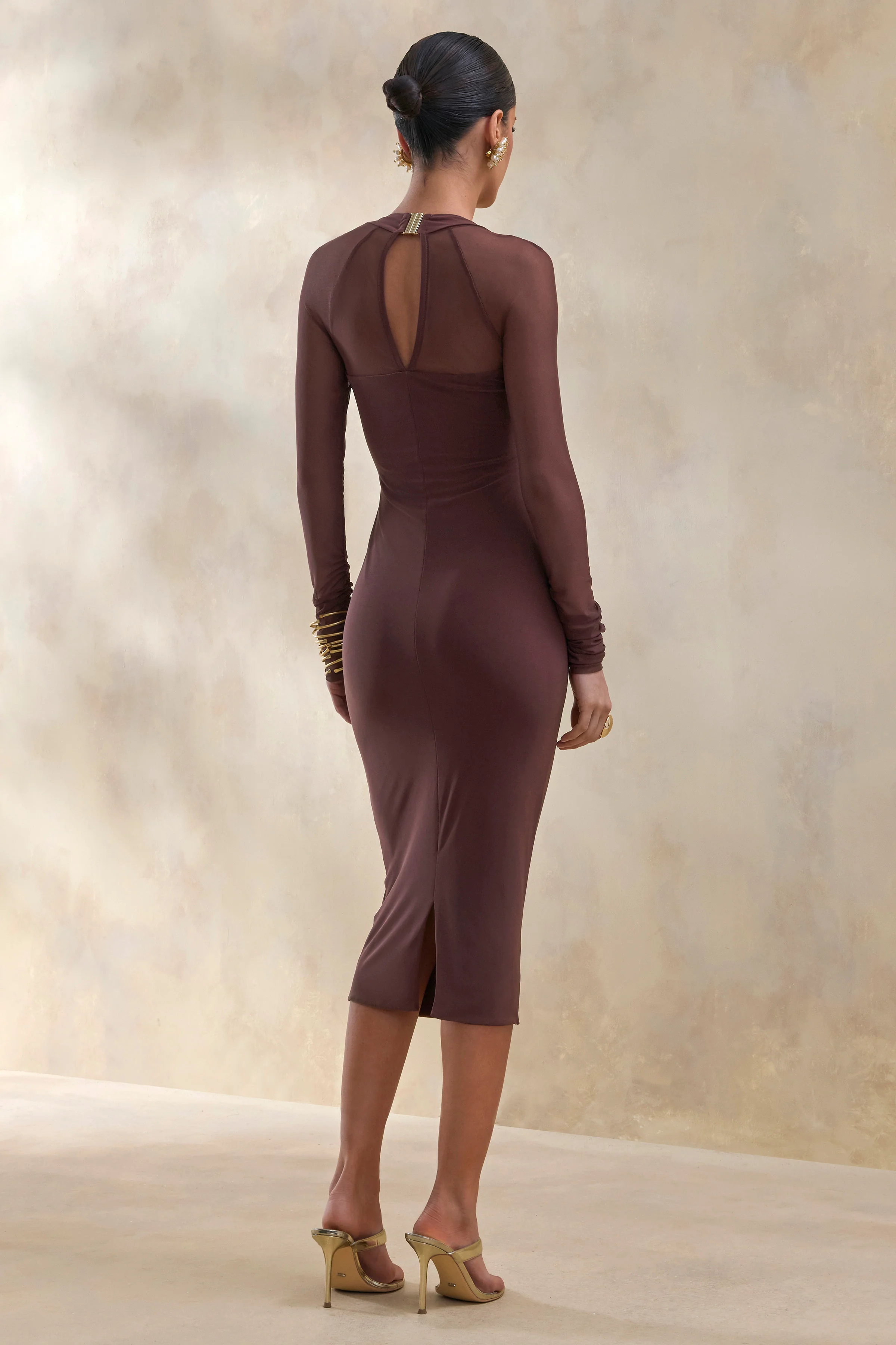 Off Track | Brown Bodycon Midi Dress With Sheer Sleeves - Image 2