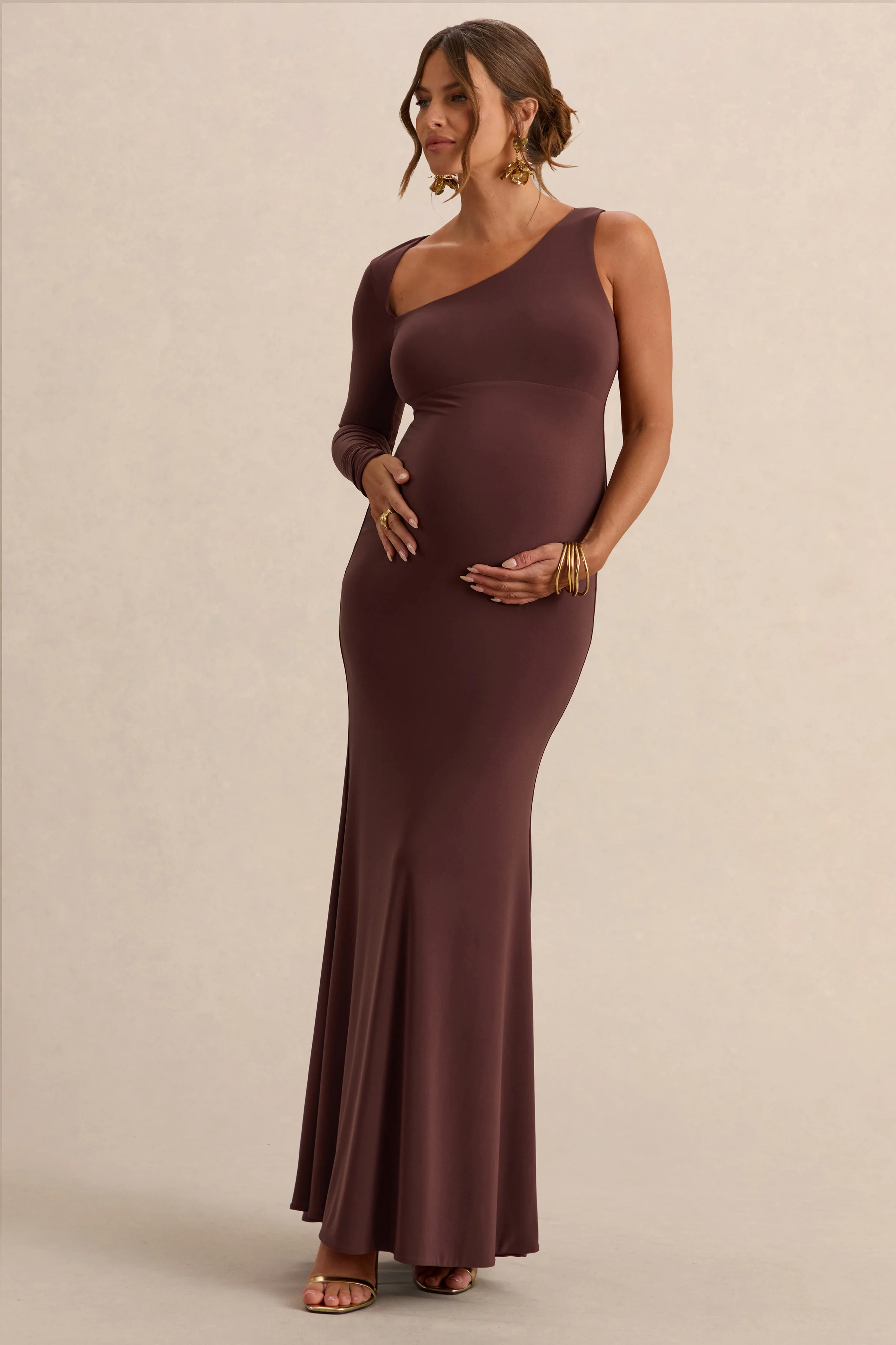 Oh Baby | Brown Maternity One Shoulder Bodycon Maxi Dress - Image 4