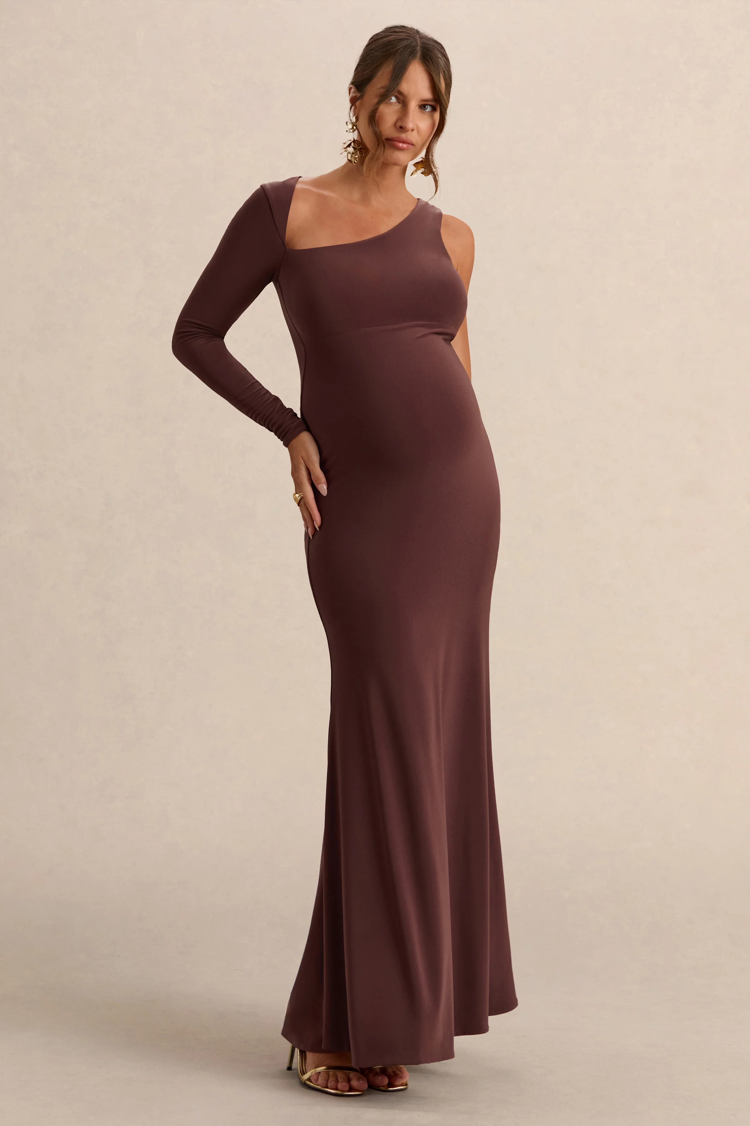 Oh Baby | Brown Maternity One Shoulder Bodycon Maxi Dress - Image 5