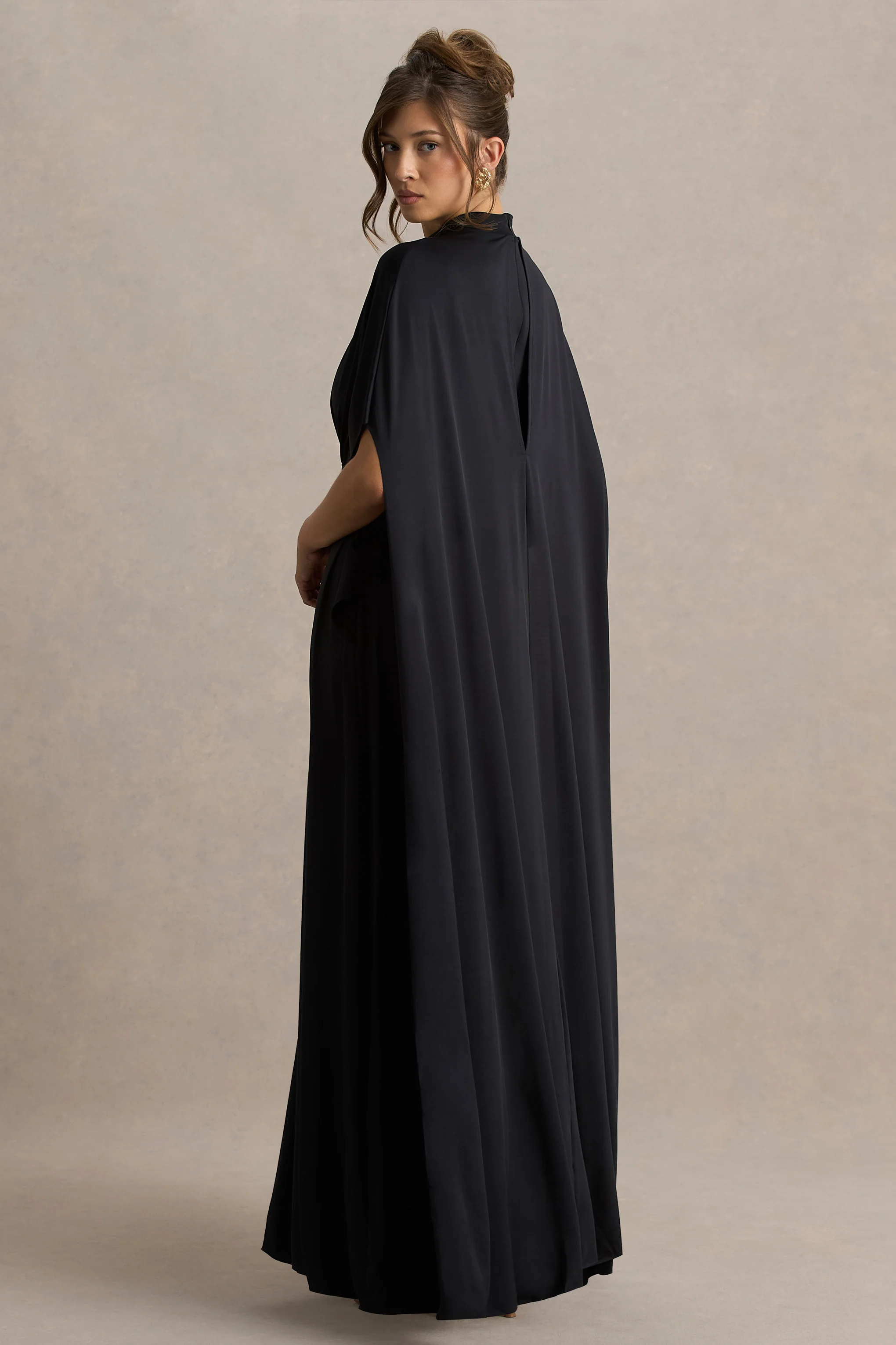 Olessia | Black Belted Gathered Cape-Sleeve Maxi Dress - Image 2