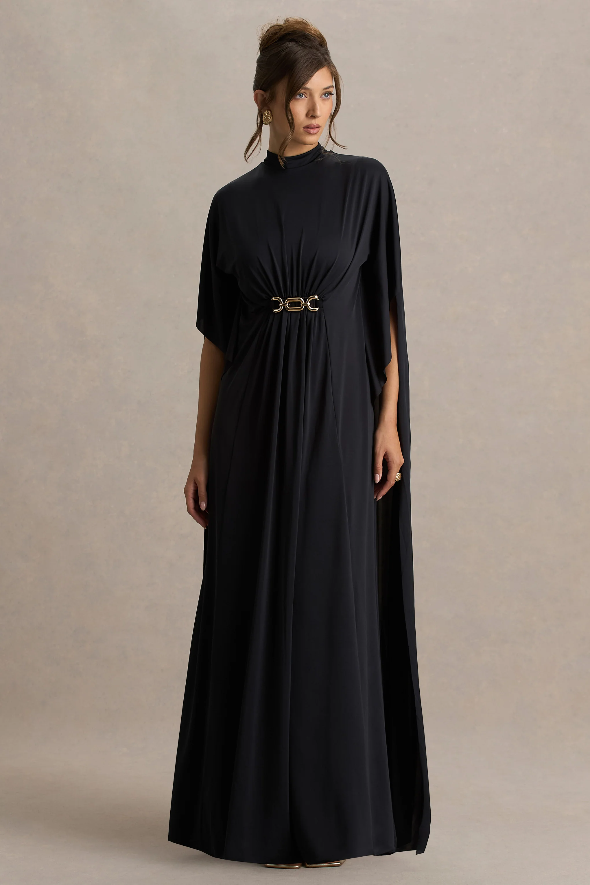 Olessia | Black Belted Gathered Cape-Sleeve Maxi Dress - Image 4
