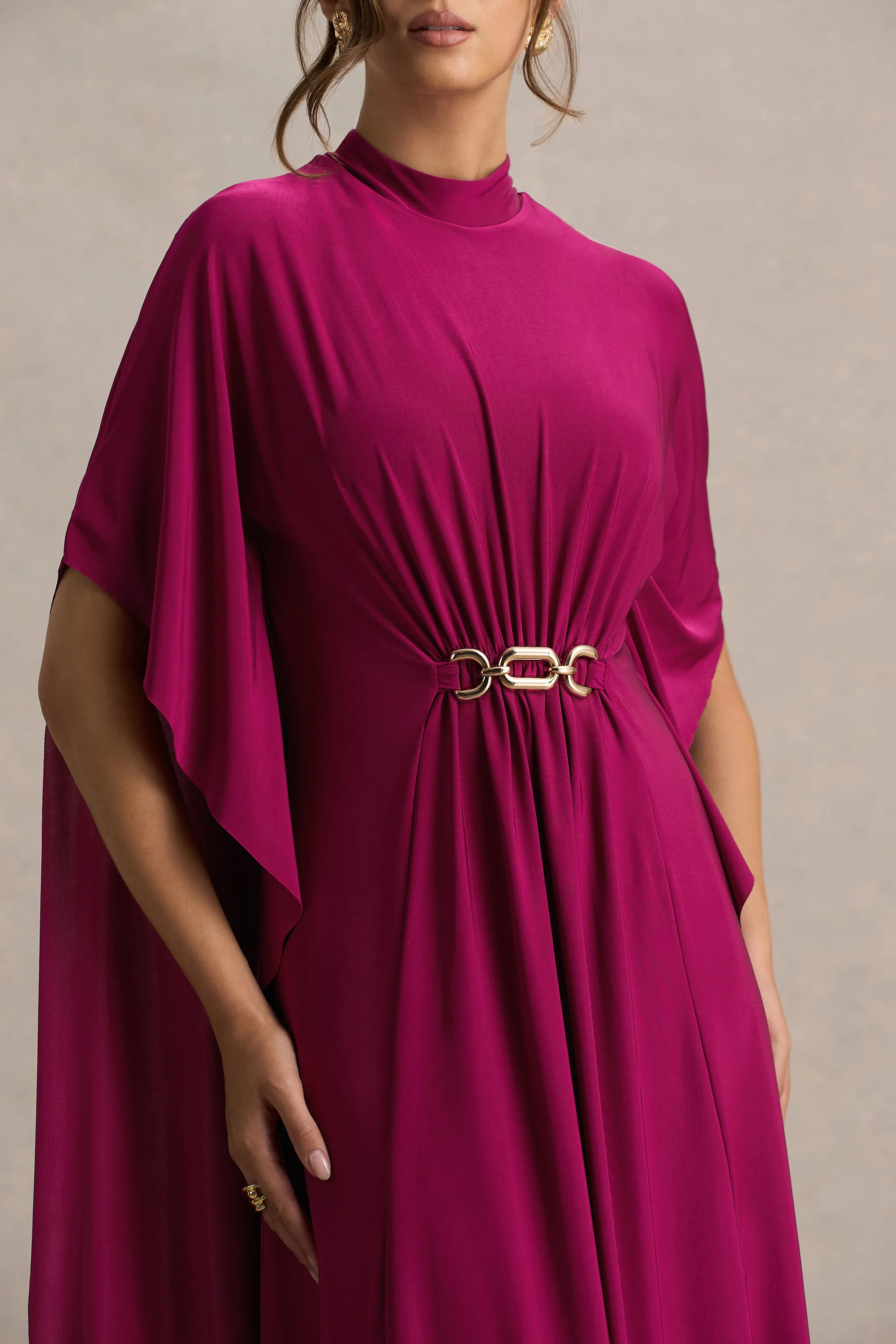 Olessia | Burgundy Belted Gathered Cape-Sleeve Maxi Dress - Image 3