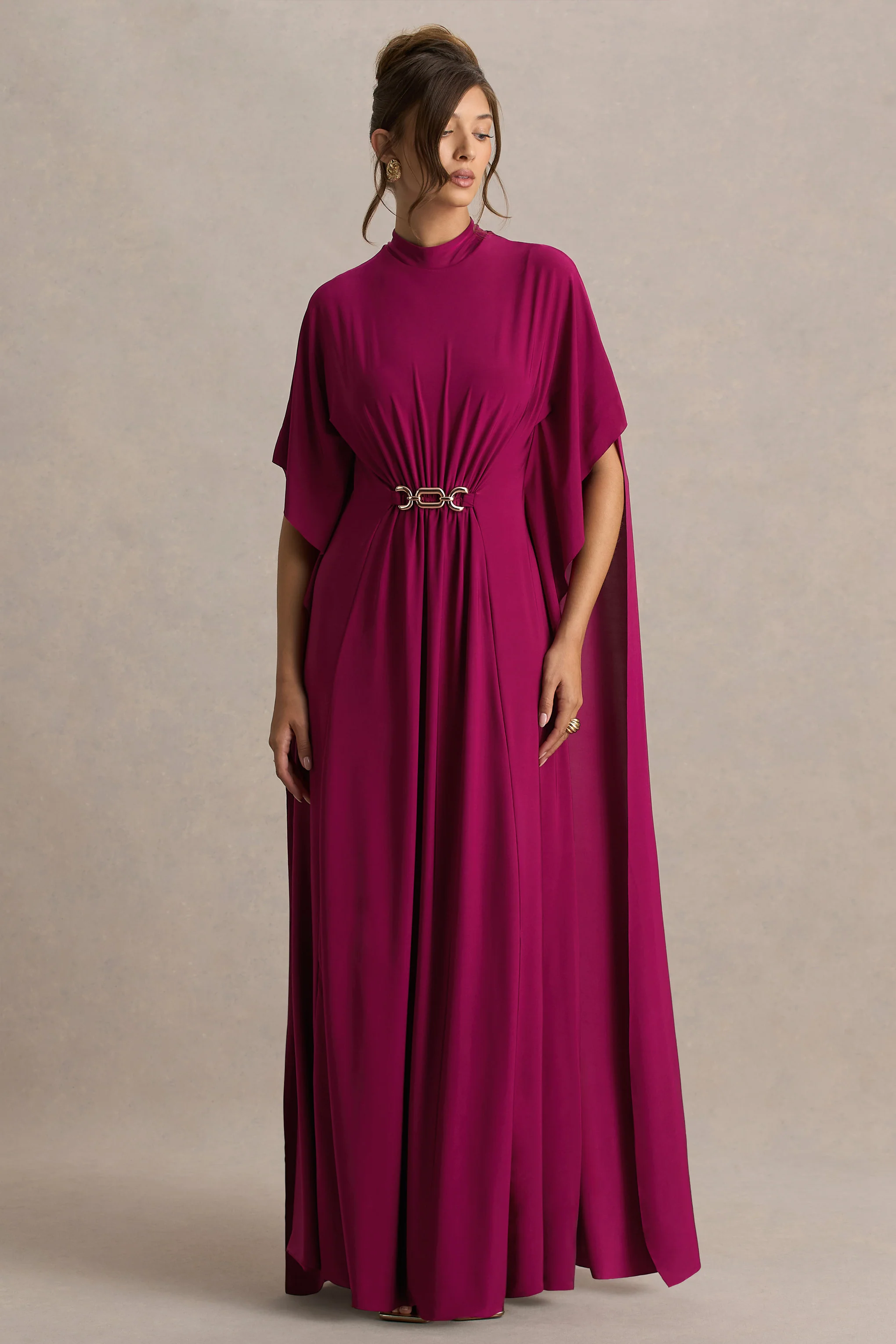 Olessia | Burgundy Belted Gathered Cape-Sleeve Maxi Dress - Image 4