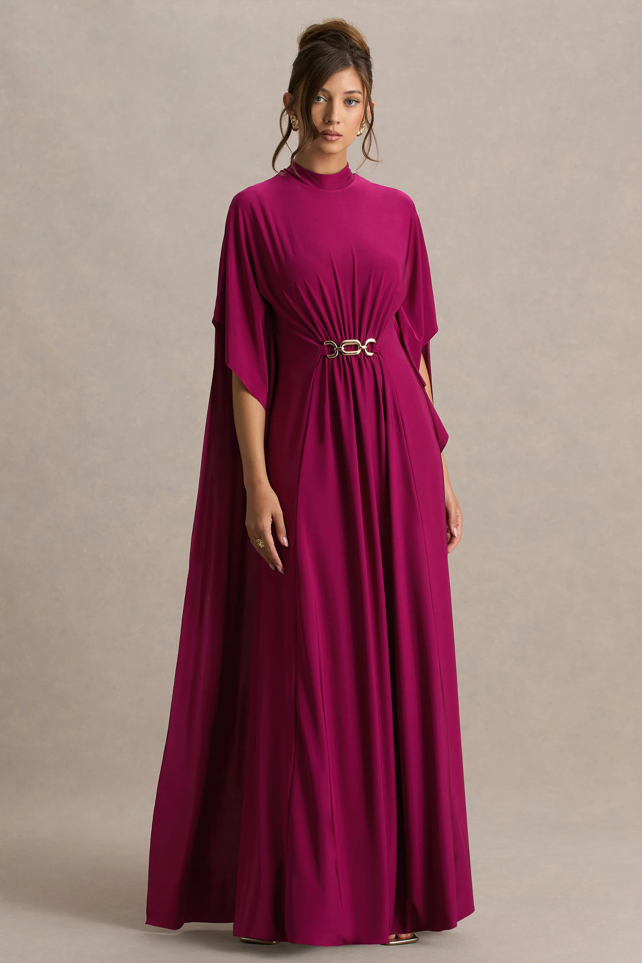 Olessia | Burgundy Belted Gathered Cape-Sleeve Maxi Dress - Image 5