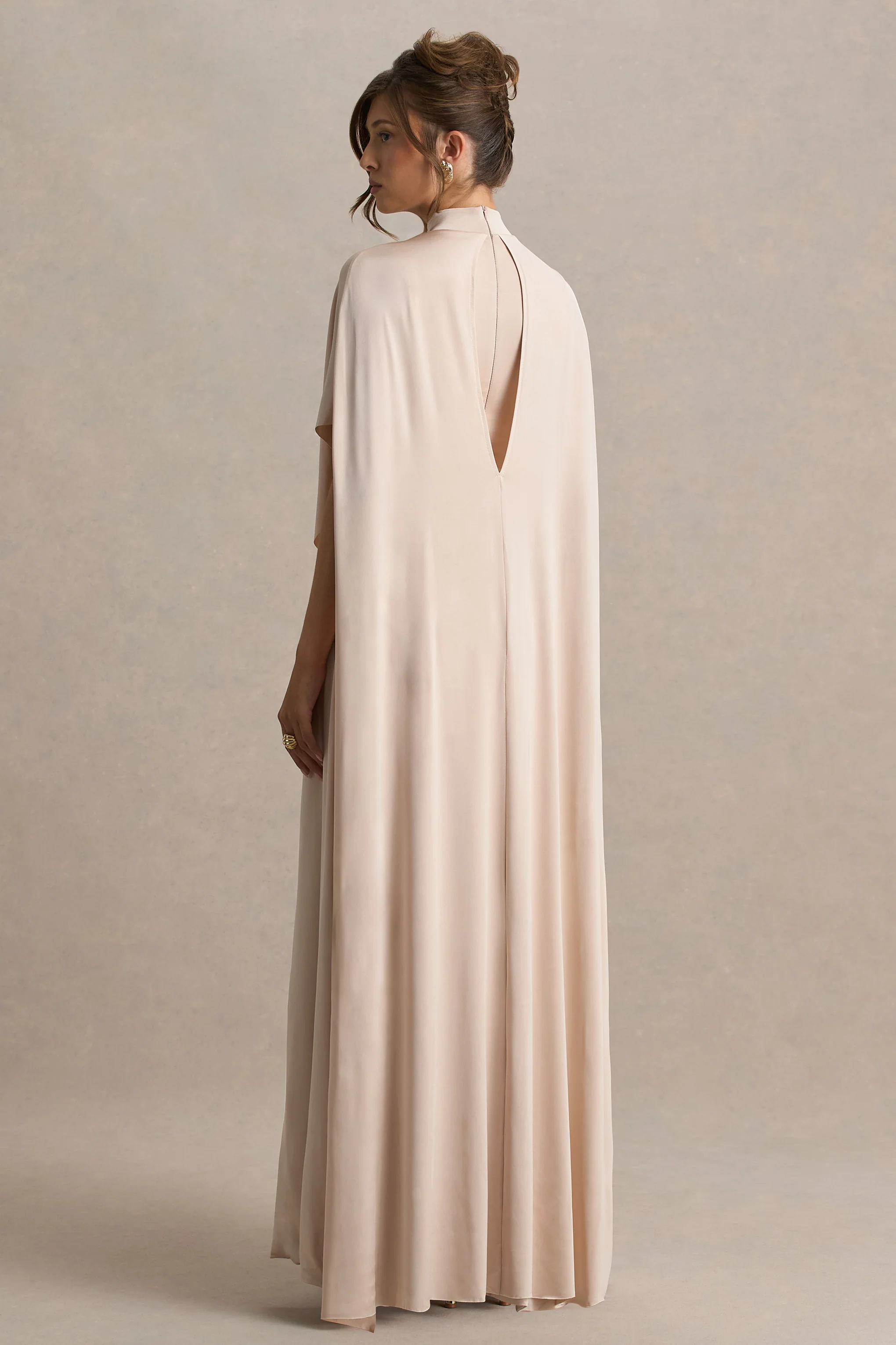 Olessia | Champagne Belted Gathered Cape-Sleeve Maxi Dress - Image 2