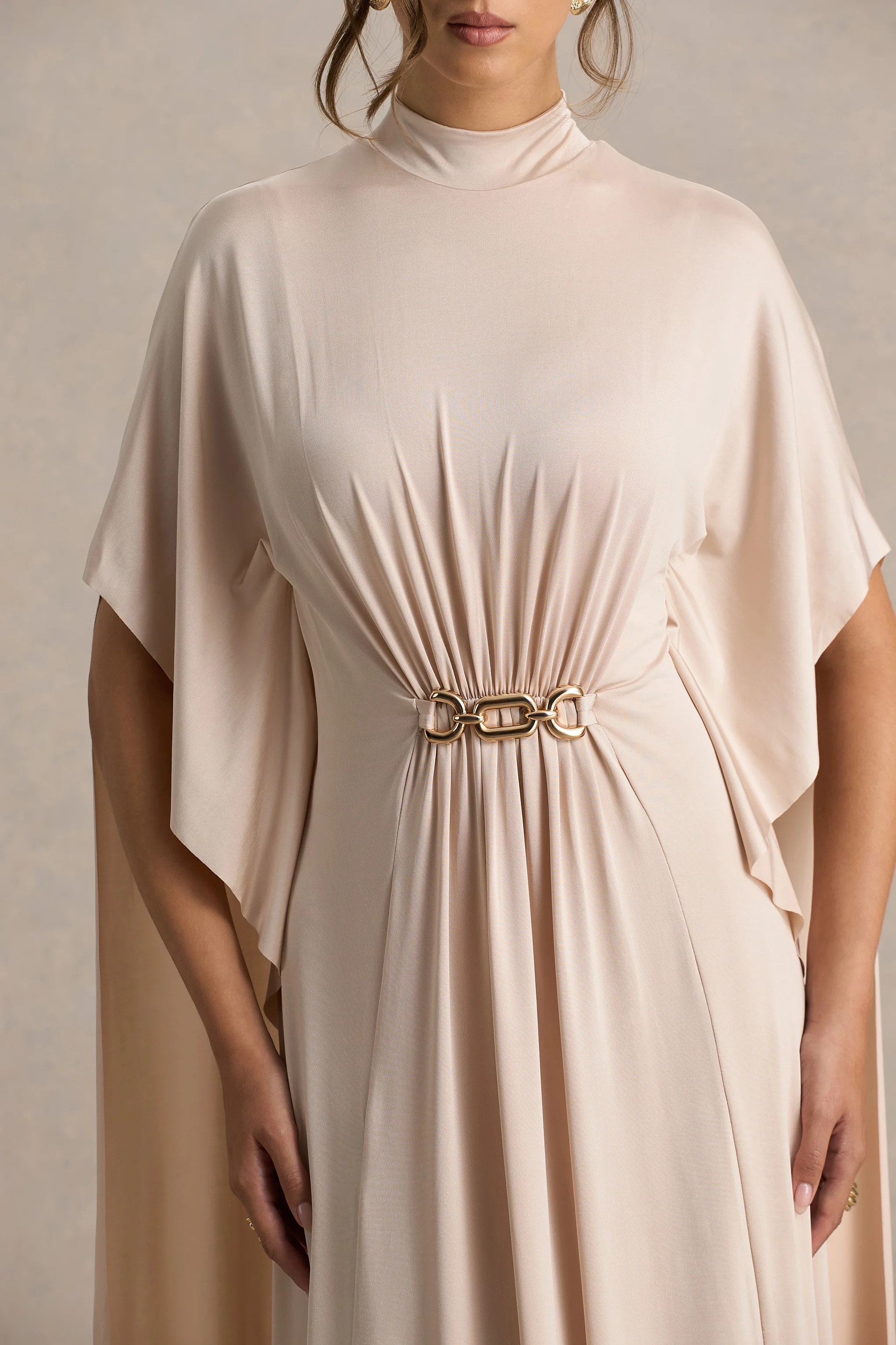 Olessia | Champagne Belted Gathered Cape-Sleeve Maxi Dress - Image 3