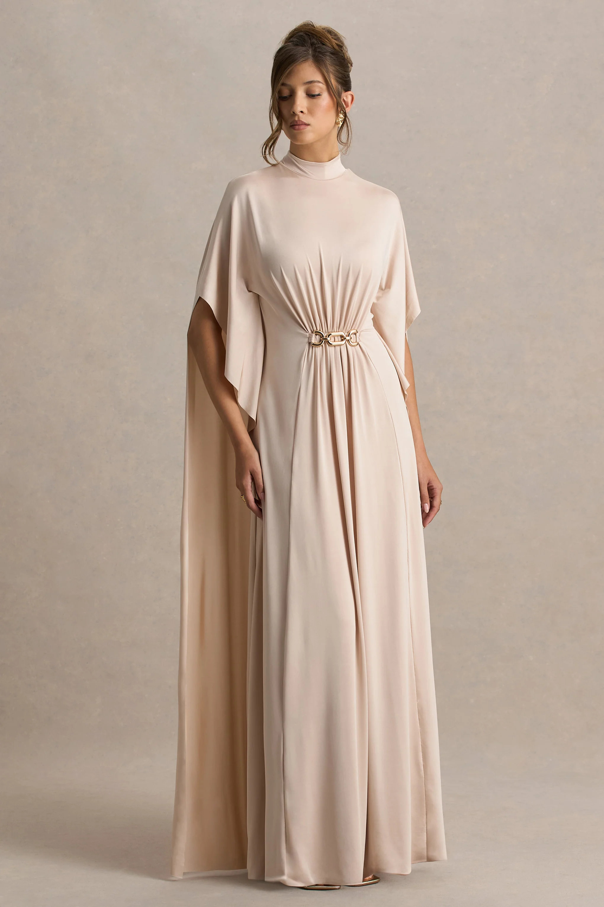 Olessia | Champagne Belted Gathered Cape-Sleeve Maxi Dress - Image 4