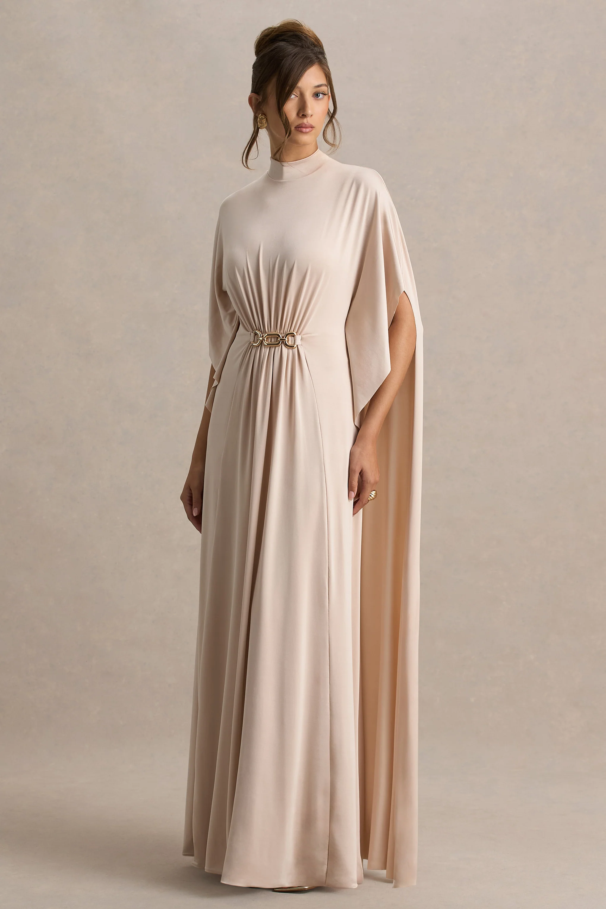 Olessia | Champagne Belted Gathered Cape-Sleeve Maxi Dress - Image 5