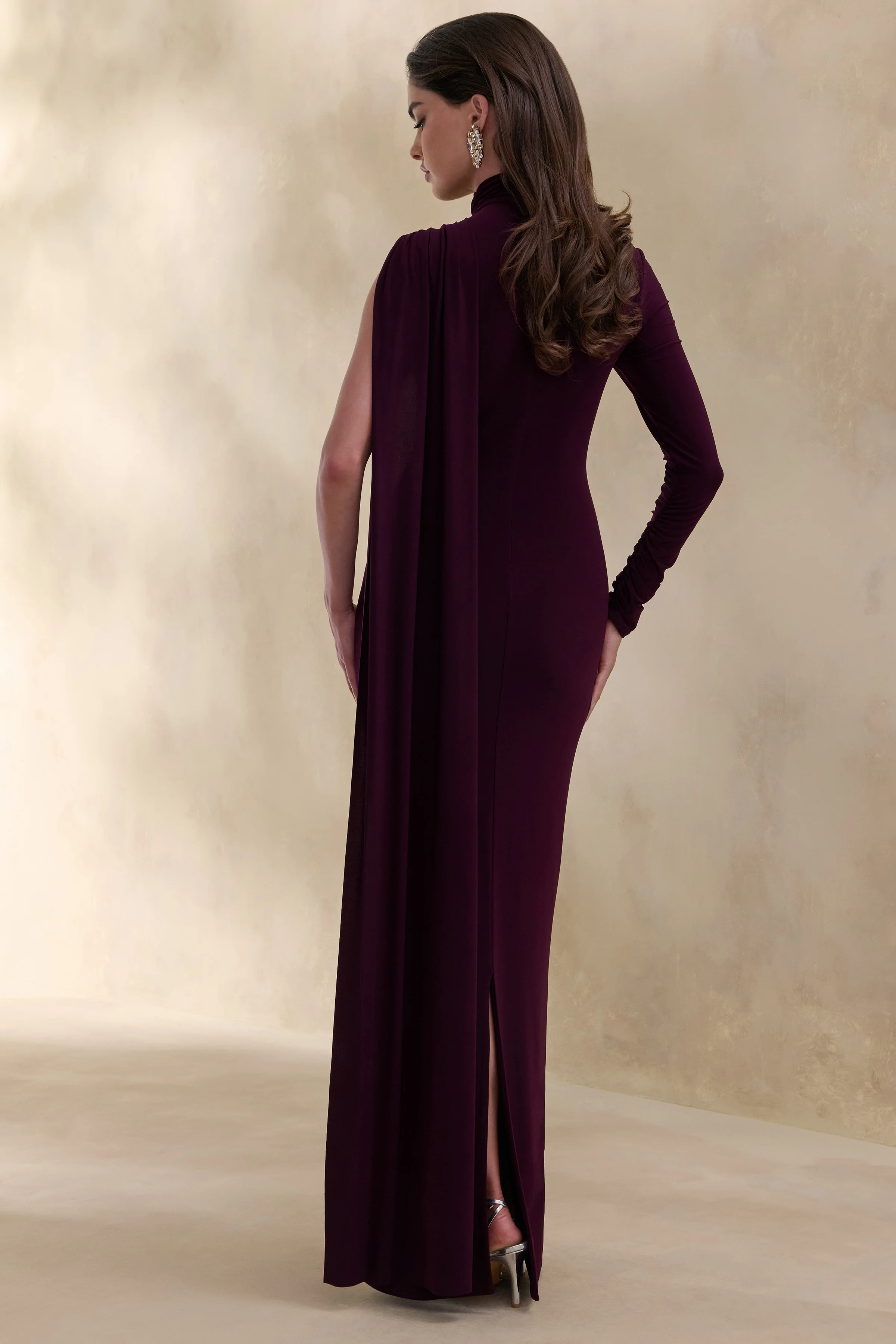 Oliria | Dark Plum High-Neck Maxi Dress With One-Long Sleeve And Sash-Detail - Image 2
