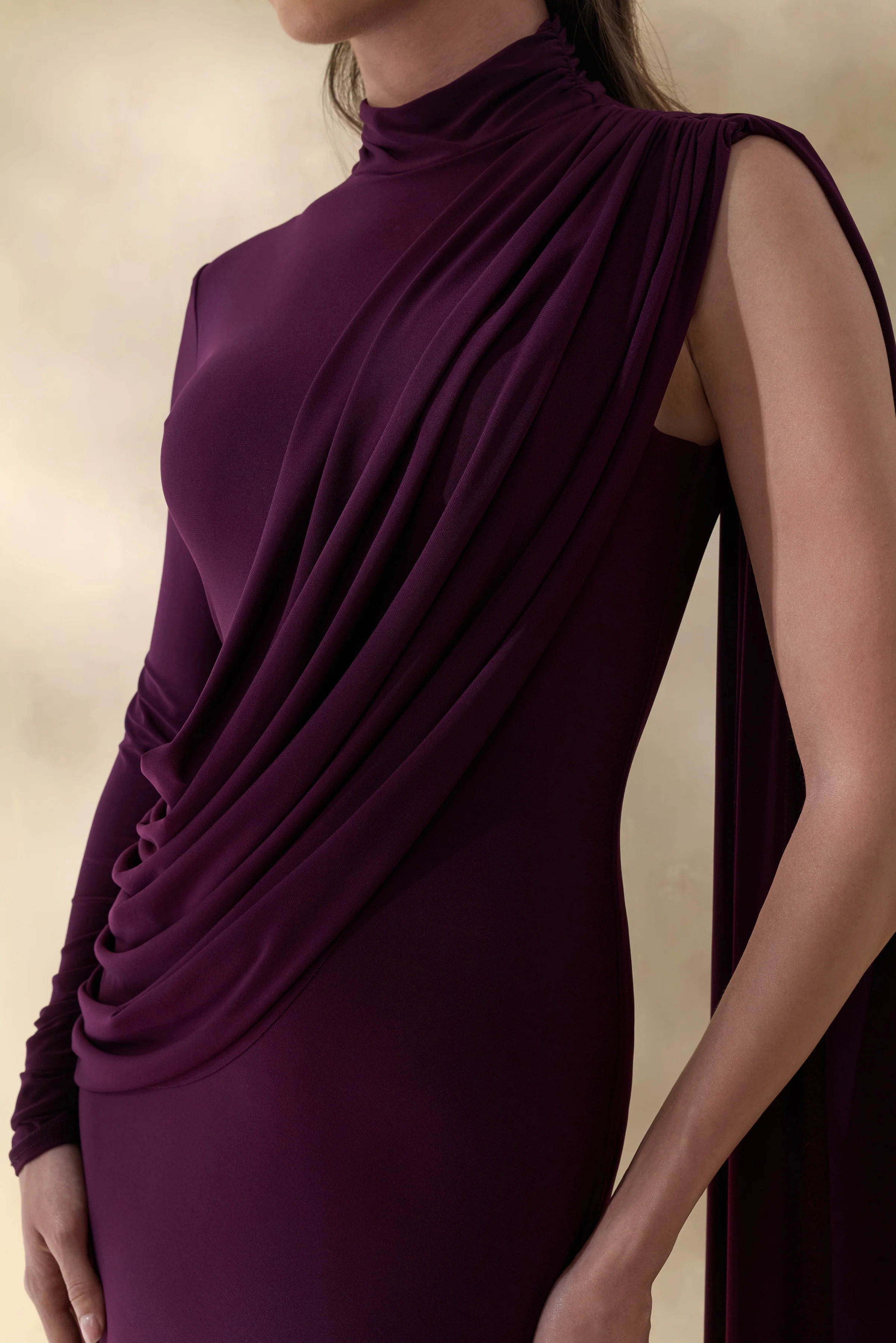 Oliria | Dark Plum High-Neck Maxi Dress With One-Long Sleeve And Sash-Detail - Image 3
