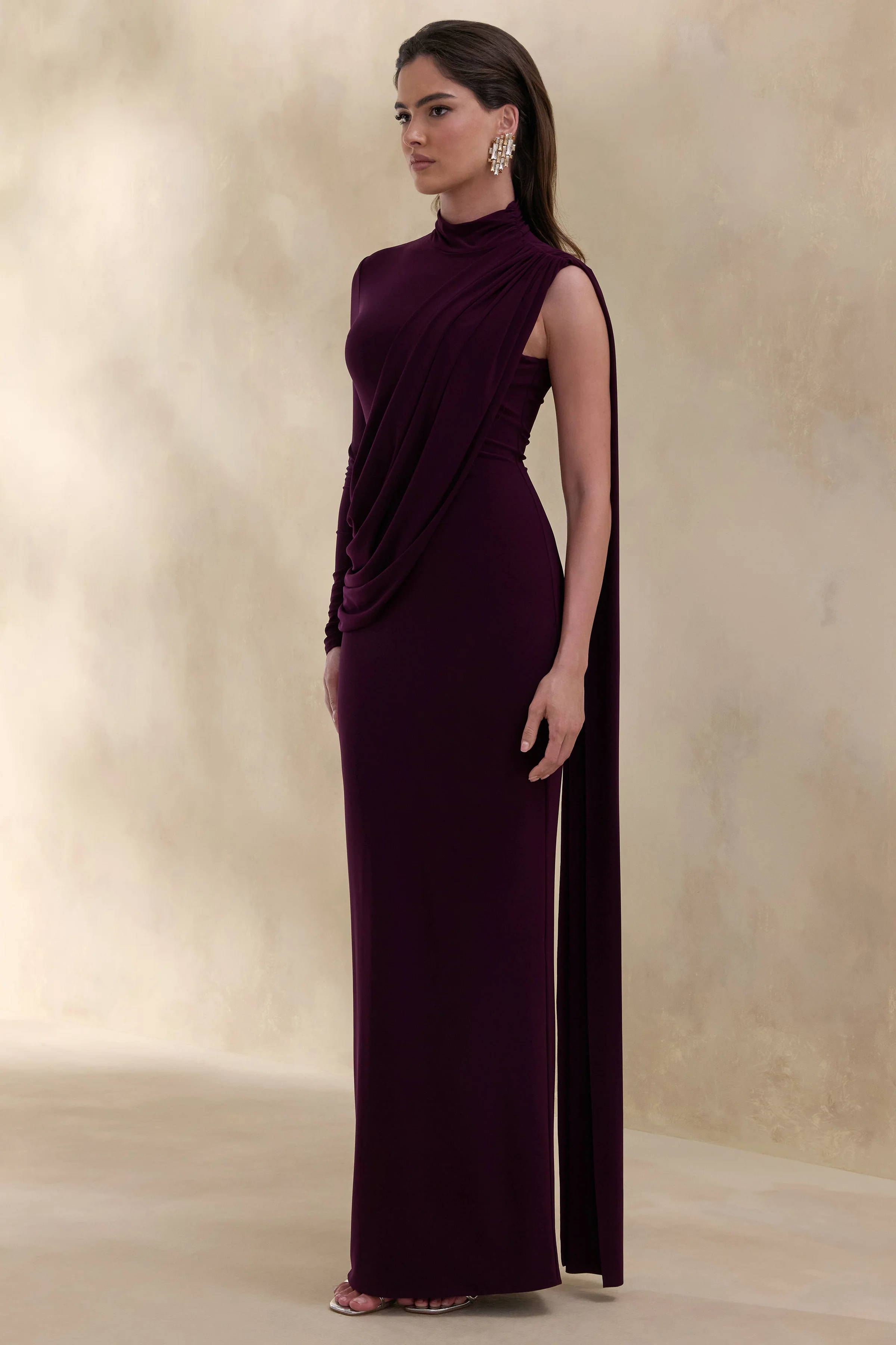 Oliria | Dark Plum High-Neck Maxi Dress With One-Long Sleeve And Sash-Detail - Image 4