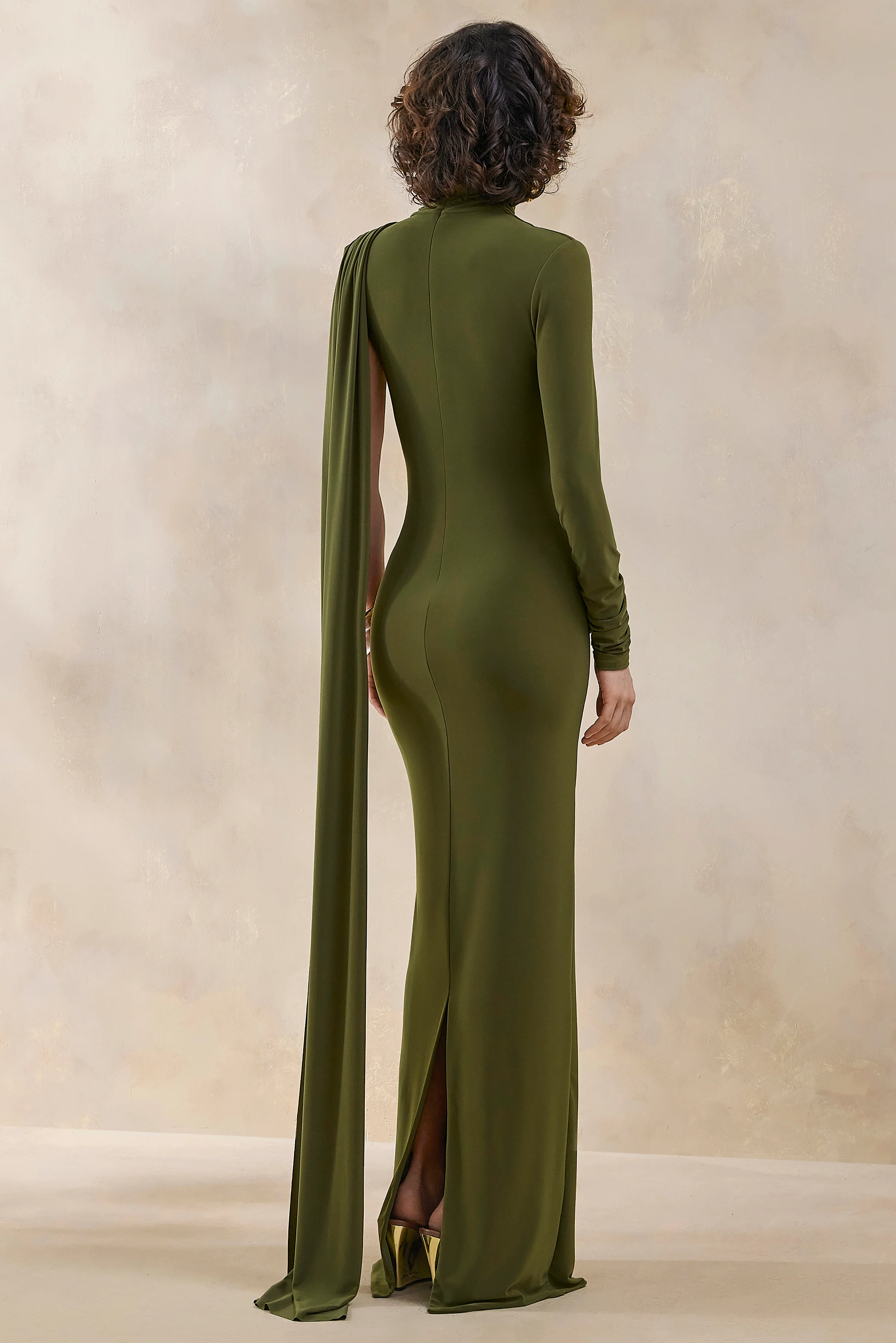 Oliria | Olive High-Neck Maxi Dress With One-Long Sleeve And Sash-Detail - Image 2