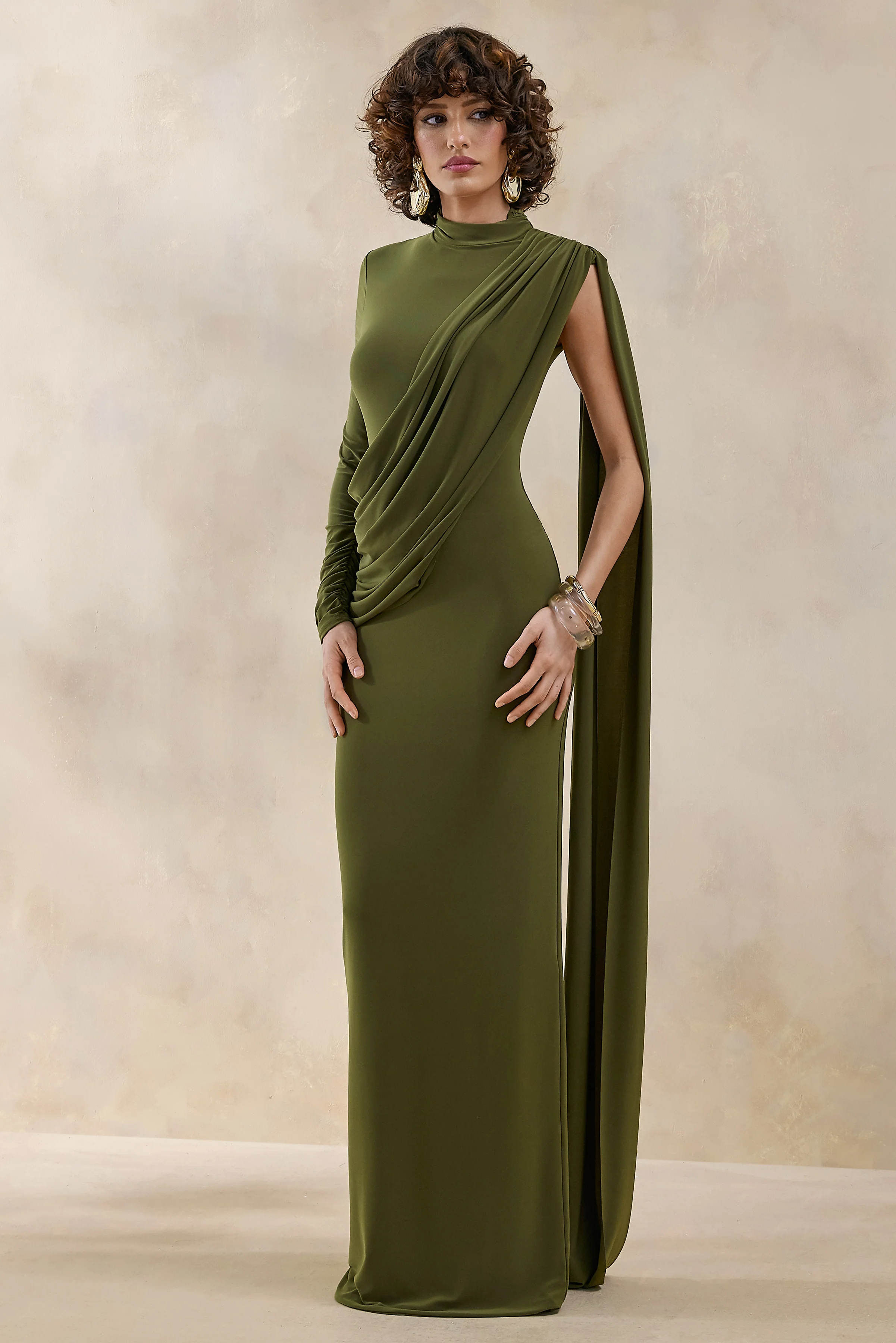 Oliria | Olive High-Neck Maxi Dress With One-Long Sleeve And Sash-Detail - Image 4