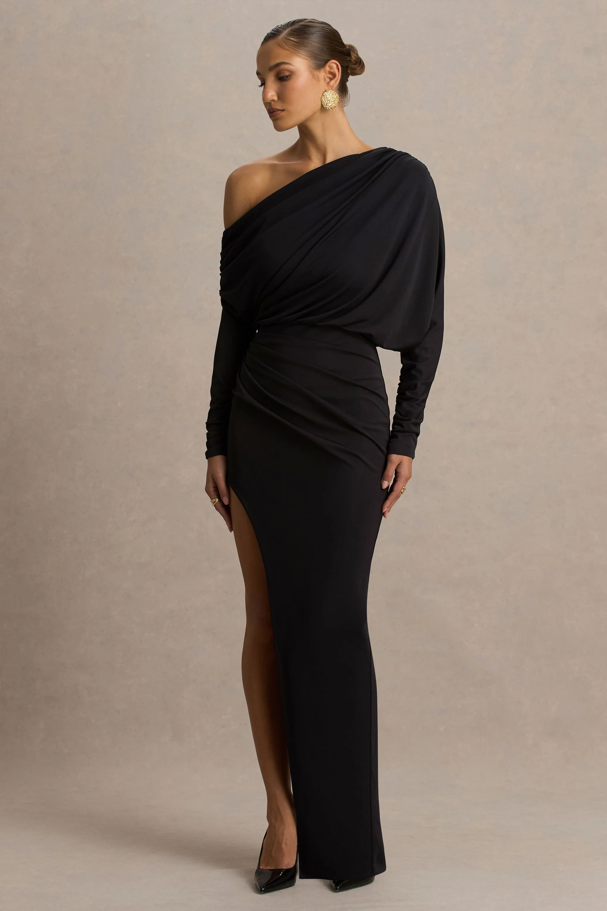 Olivia | Black Asymmetric-Neck Maxi Dress With Ruched Detailing And Asymmetric-Hem - Image 5