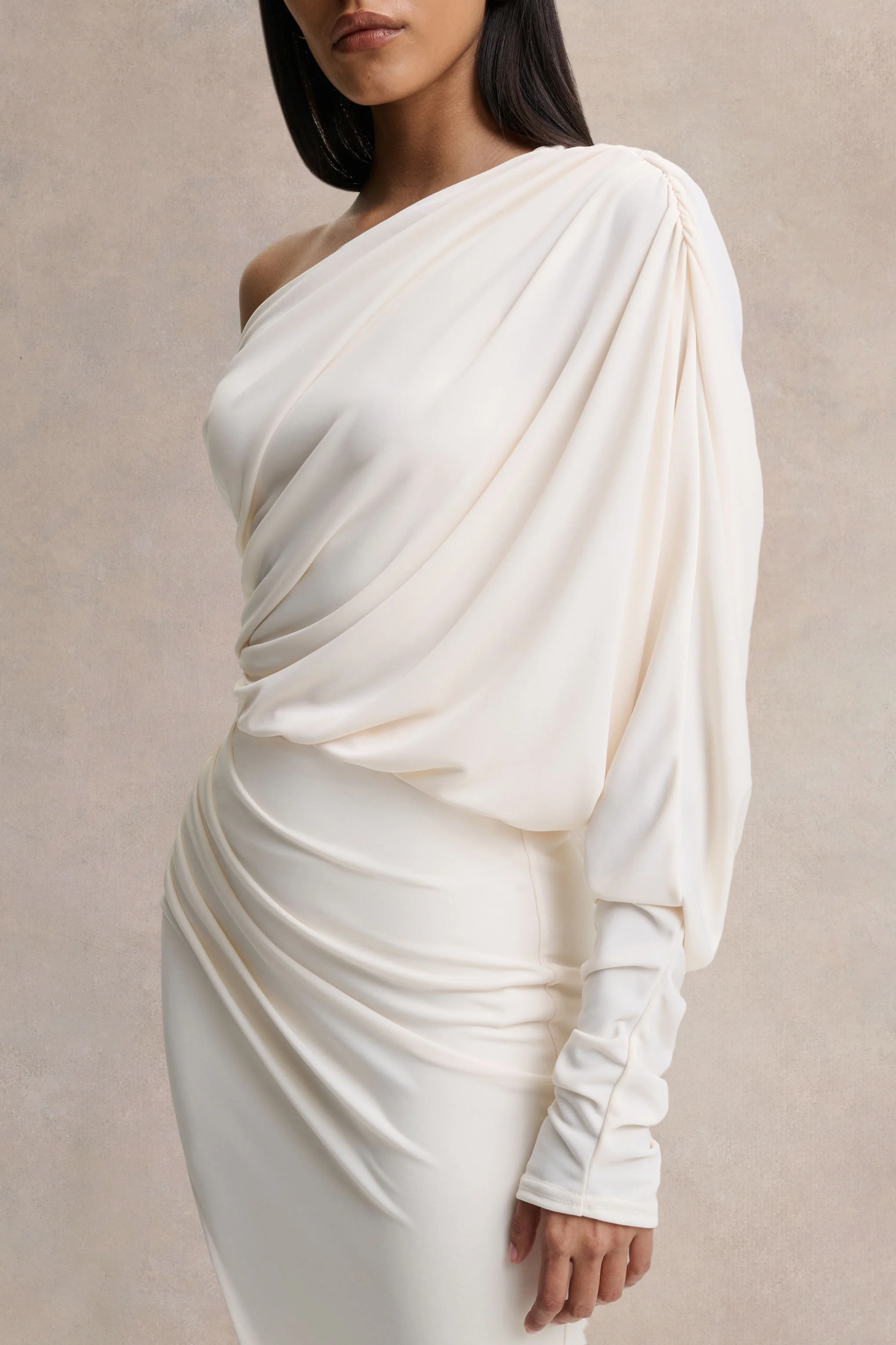 Olivia | Cream Asymmetric-Neck Maxi Dress With Ruched Detailing Asymmetric-Hem - Image 3