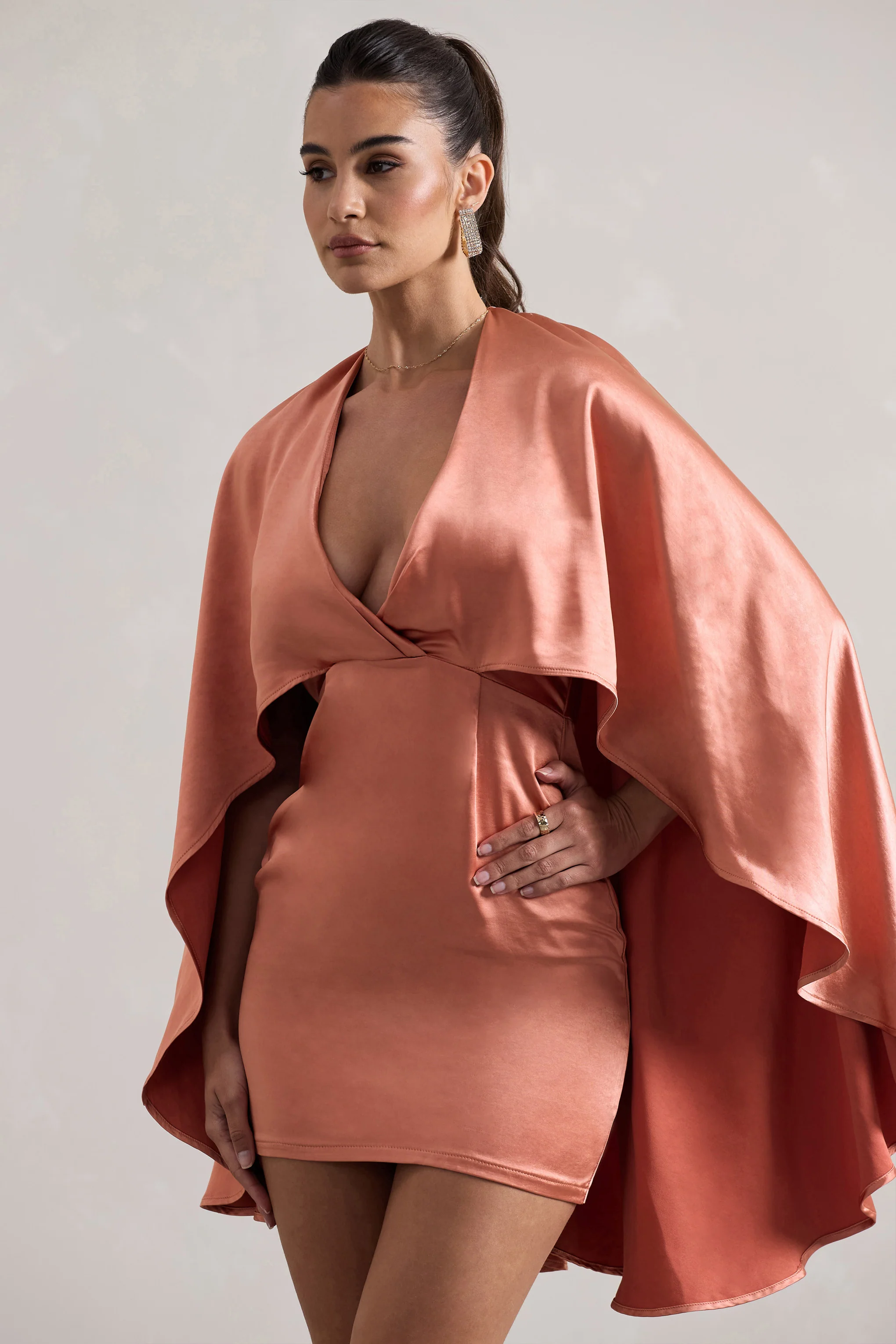 Olsen | Coral Satin Plunge-Neck Cape Mini Dress - Image 3