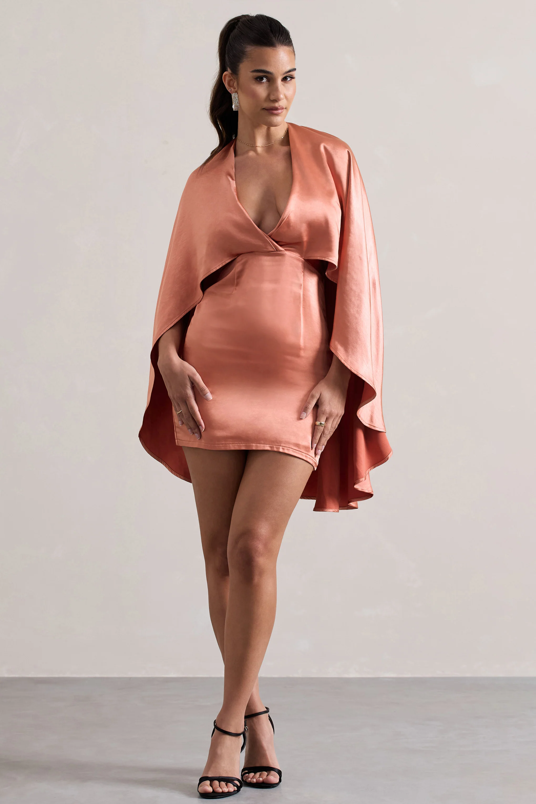 Olsen | Coral Satin Plunge-Neck Cape Mini Dress - Image 4